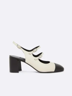 Carel Slingbacks>Beige En Zwart Leren Mary Janes Met Slingback