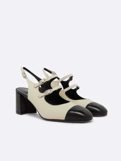Carel Slingbacks>Beige En Zwart Leren Mary Janes Met Slingback