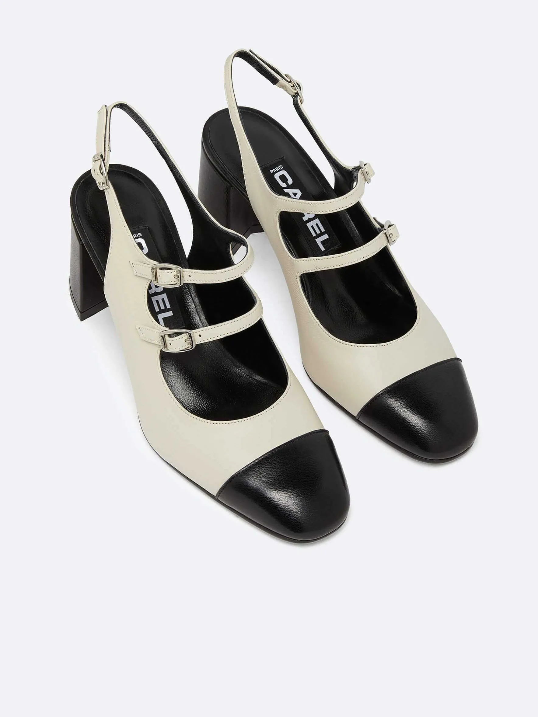 Carel Slingbacks>Beige En Zwart Leren Mary Janes Met Slingback
