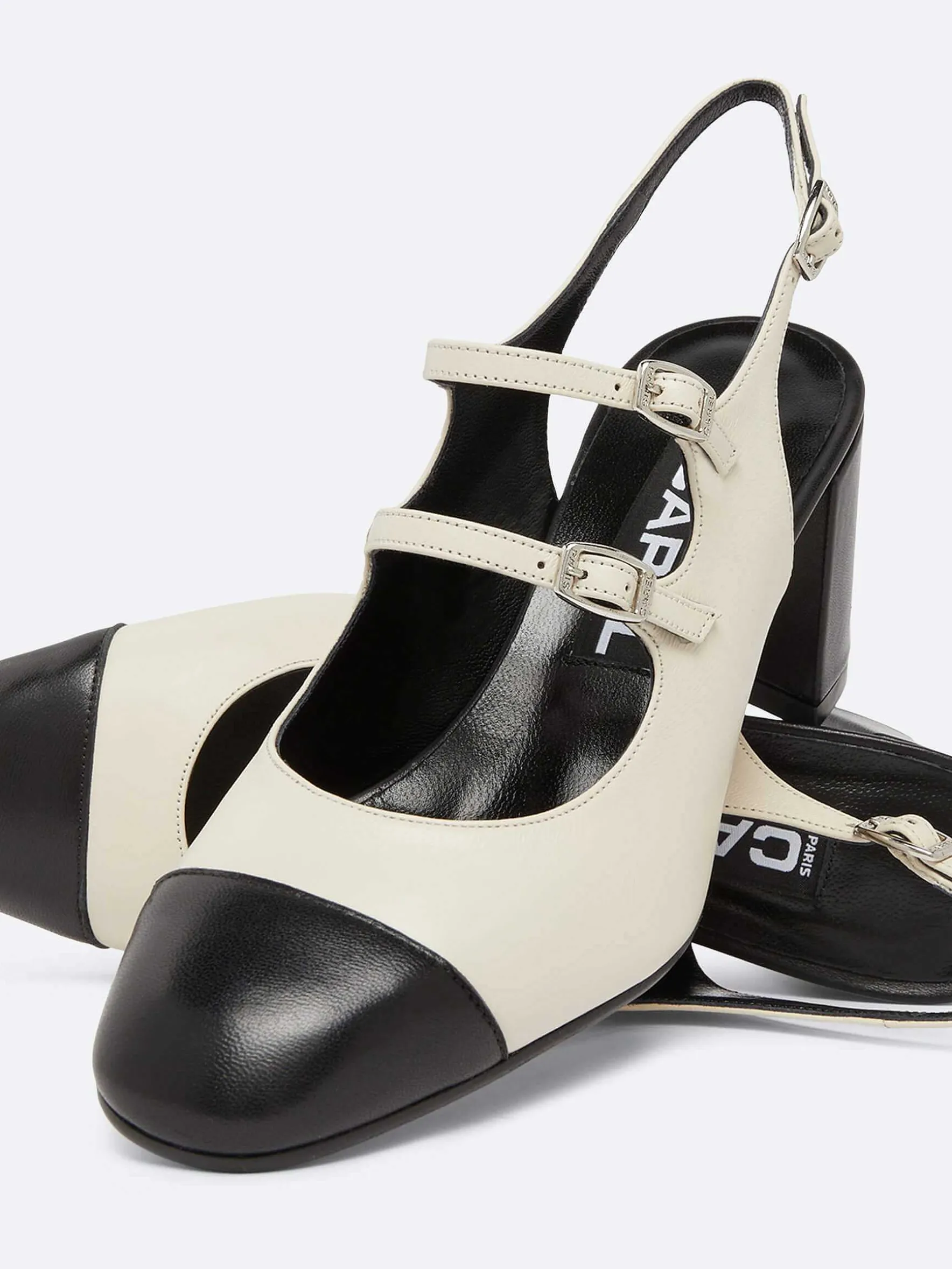 Carel Slingbacks>Beige En Zwart Leren Mary Janes Met Slingback