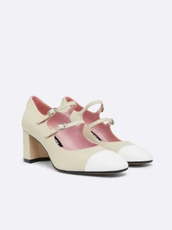 Carel Maria Janes>Beige Leer En Wit Lakleer Mary Janes Pumps