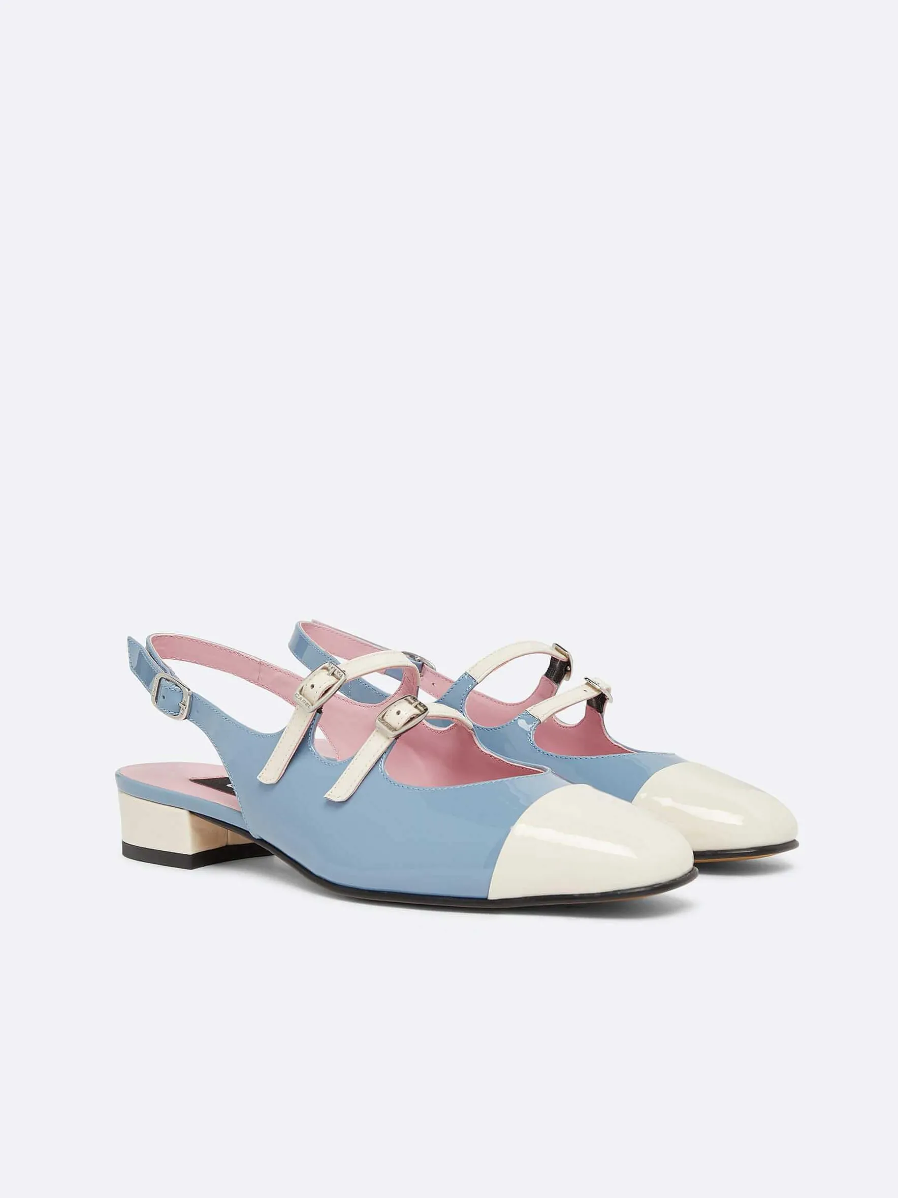 Carel Slingbacks>Blauw En Ivoor Upcycled Lakleer Slingback Mary Janes