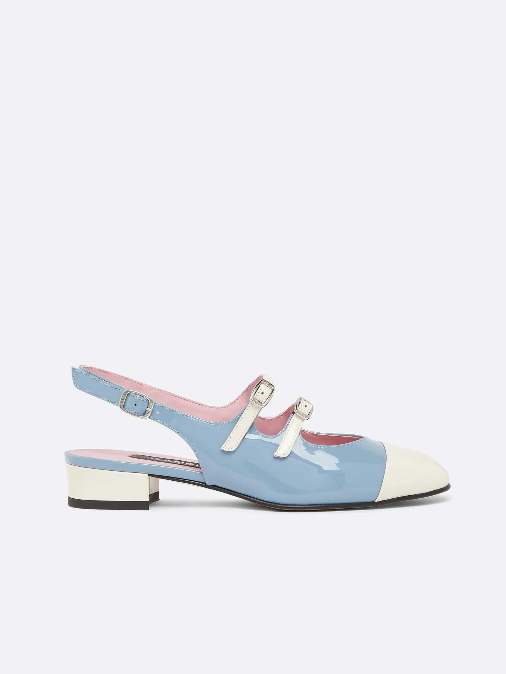 Carel Slingbacks>Blauw En Ivoor Upcycled Lakleer Slingback Mary Janes