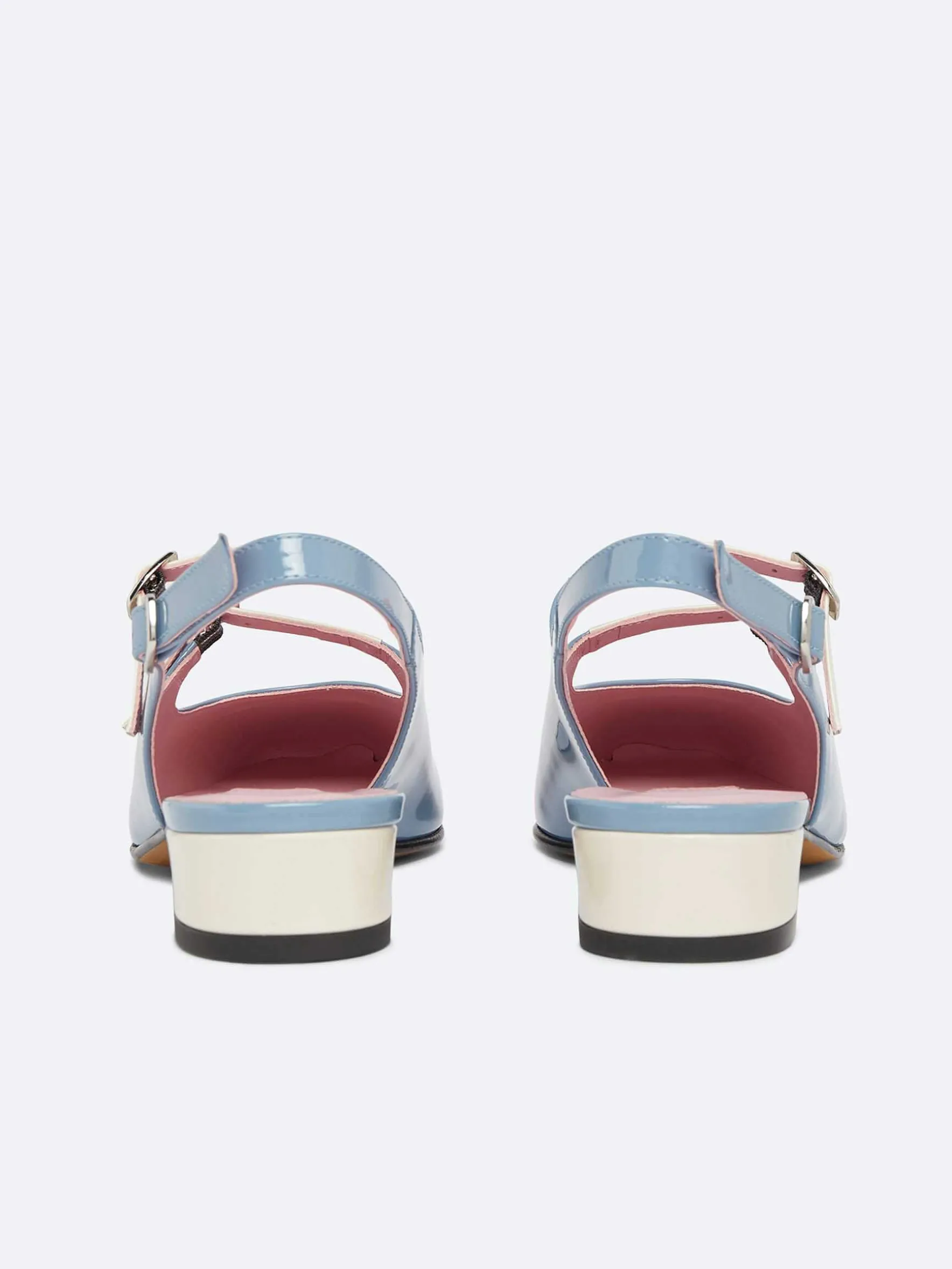 Carel Slingbacks>Blauw En Ivoor Upcycled Lakleer Slingback Mary Janes