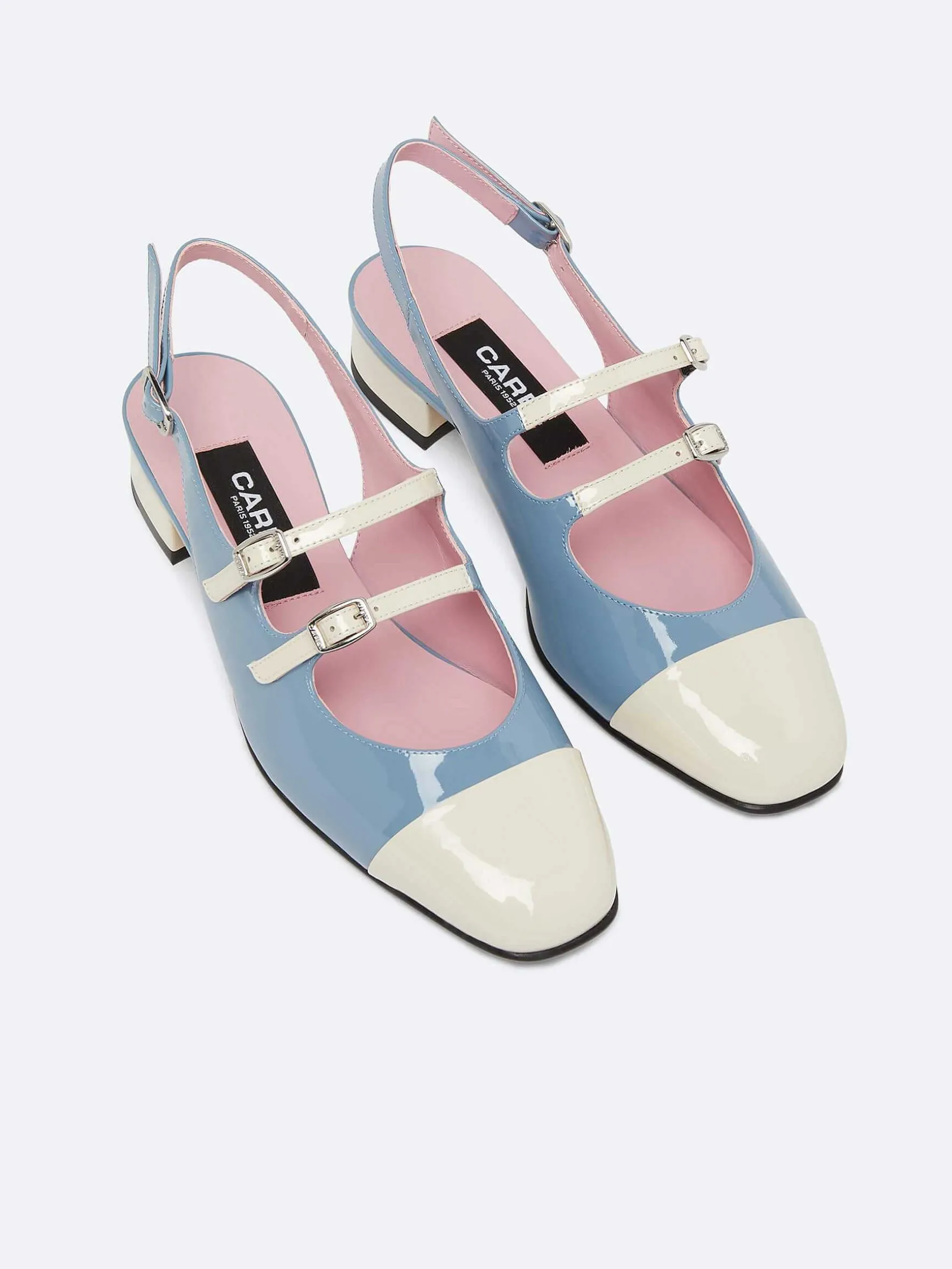 Carel Slingbacks>Blauw En Ivoor Upcycled Lakleer Slingback Mary Janes