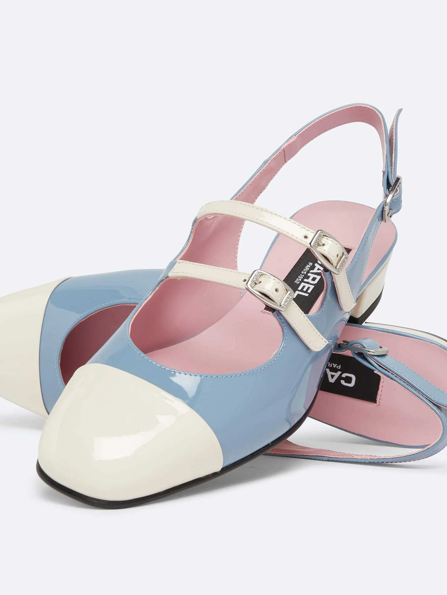 Carel Slingbacks>Blauw En Ivoor Upcycled Lakleer Slingback Mary Janes