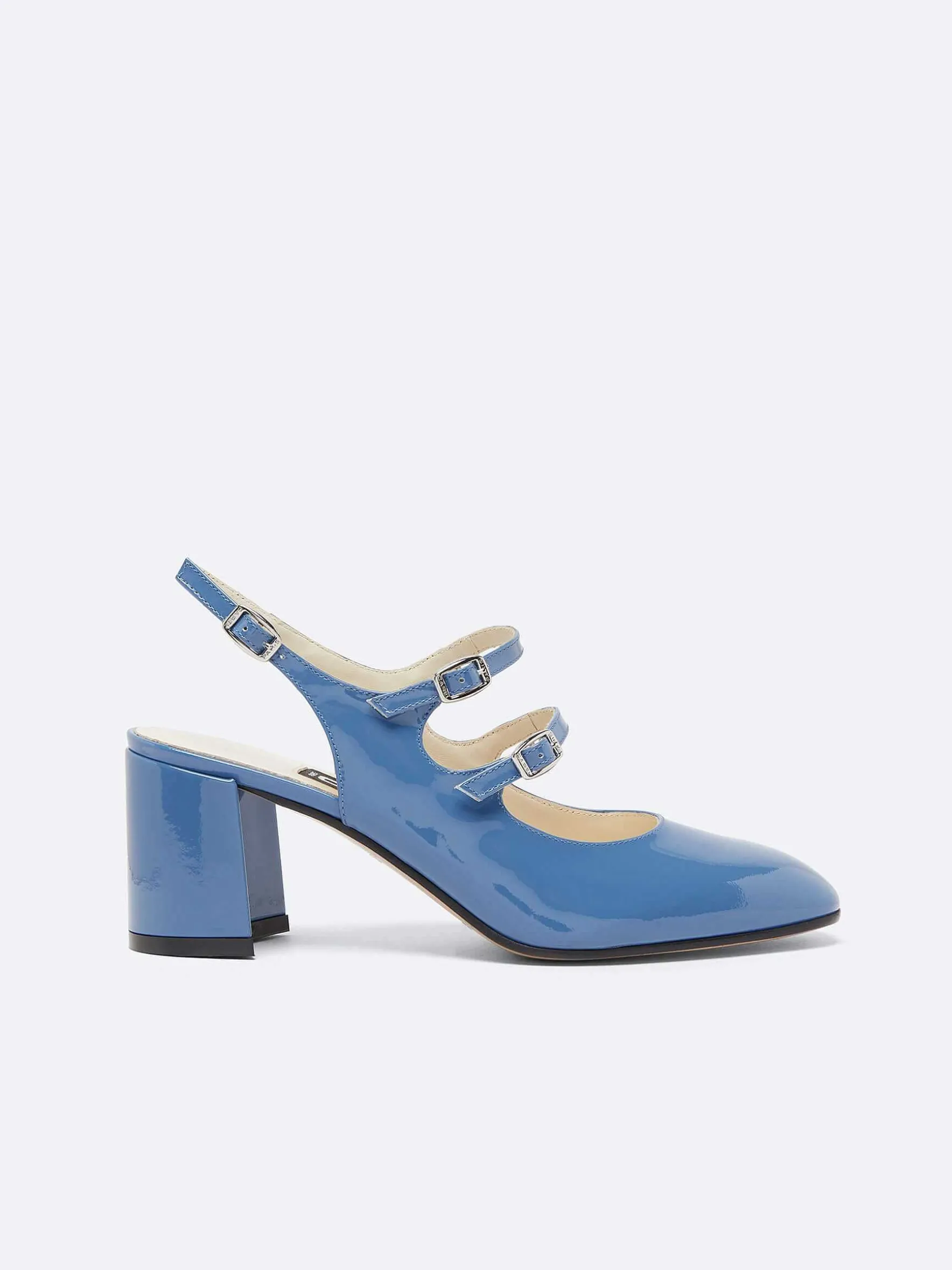 Carel Maria Janes>Blauwe Denim Upcycled Lakleer Slingback Mary Janes