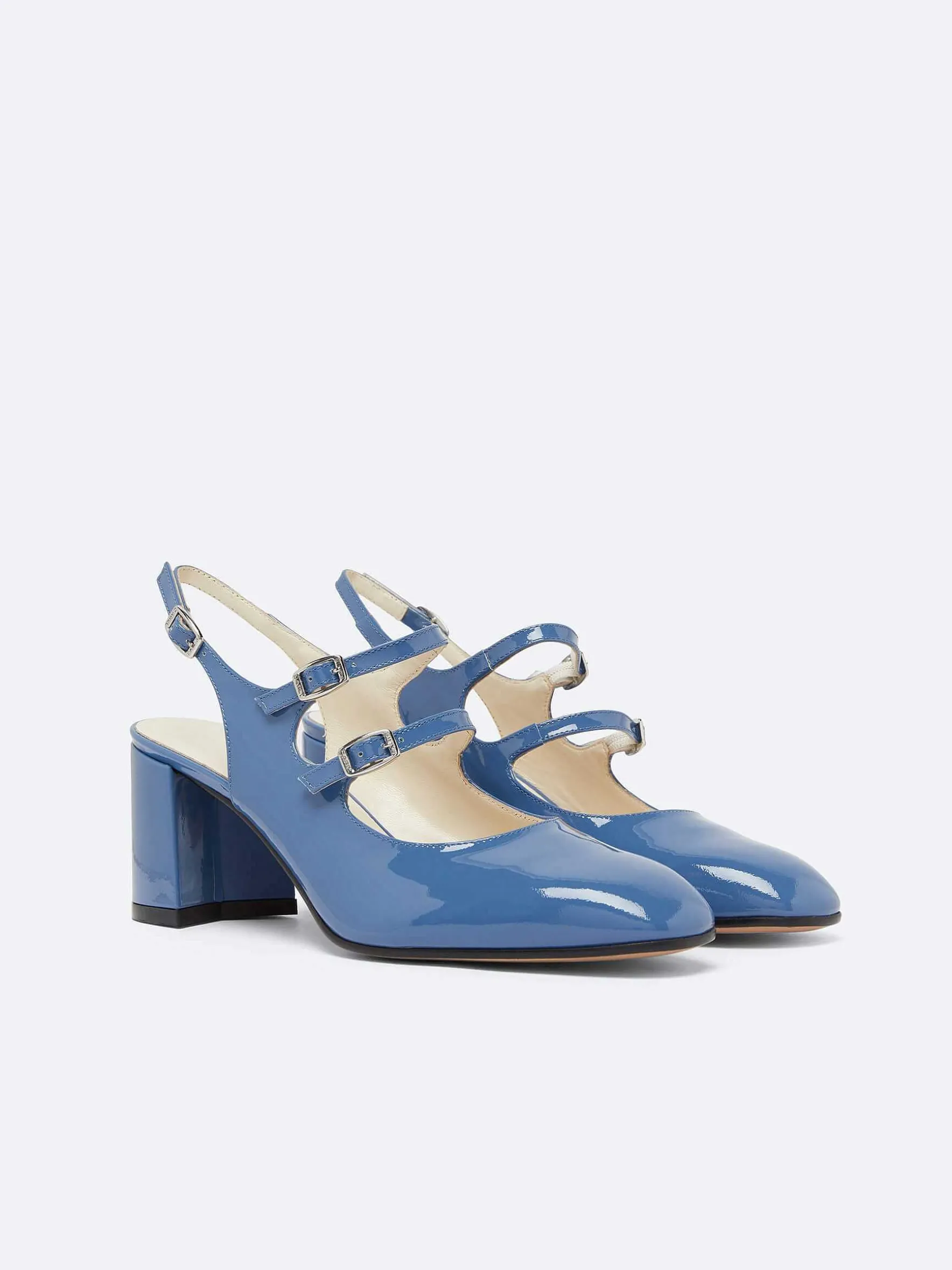 Carel Maria Janes>Blauwe Denim Upcycled Lakleer Slingback Mary Janes