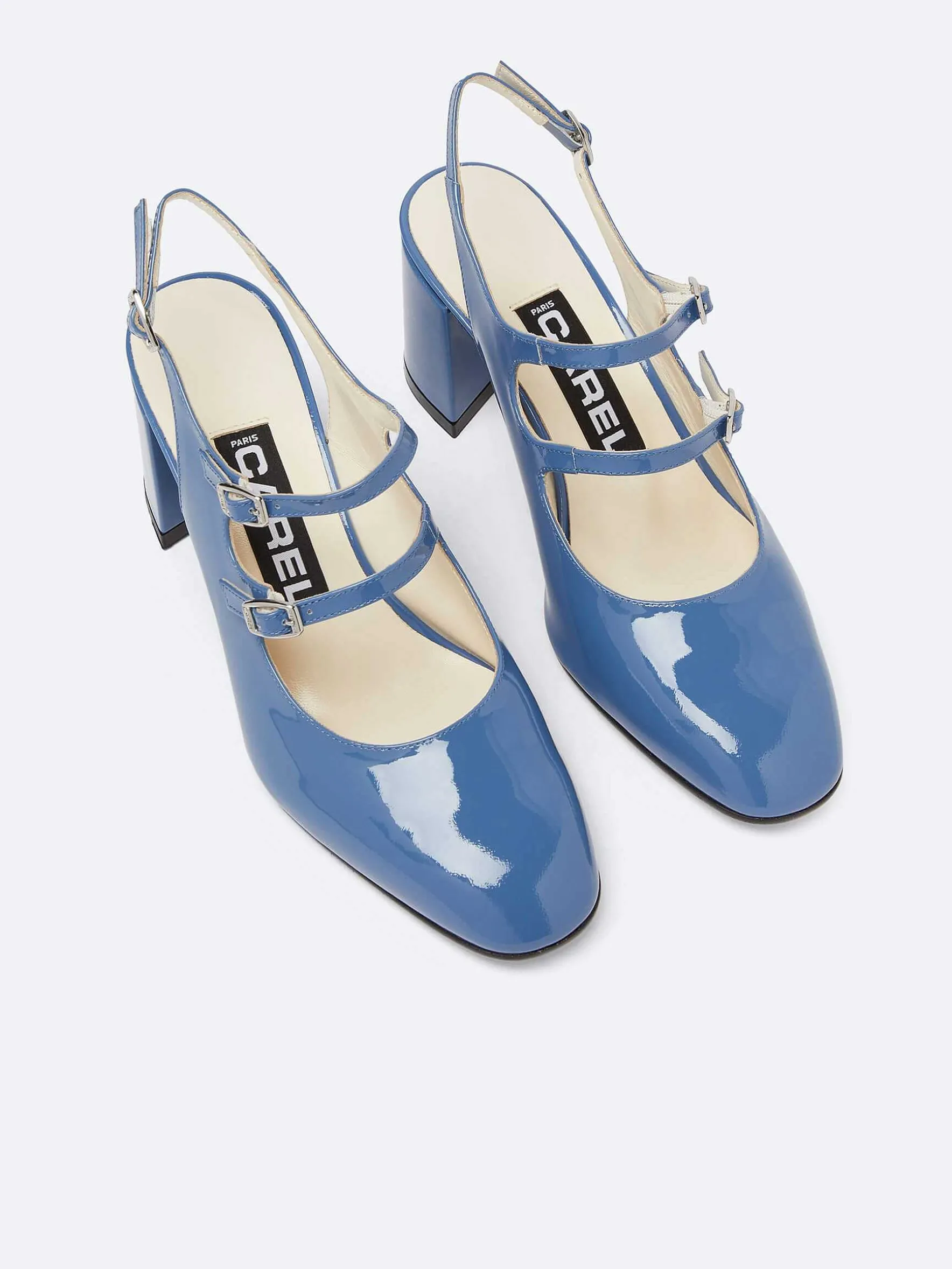 Carel Maria Janes>Blauwe Denim Upcycled Lakleer Slingback Mary Janes