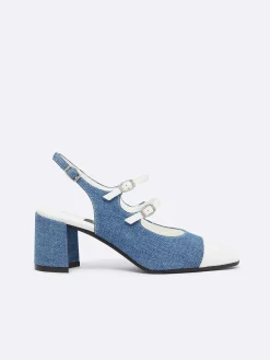 Carel Slingbacks>Blauwe Upcycled Denim En Witte Appleskin Slingback Mary Janes