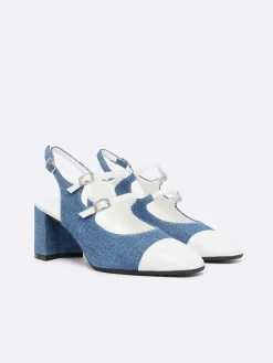 Carel Slingbacks>Blauwe Upcycled Denim En Witte Appleskin Slingback Mary Janes