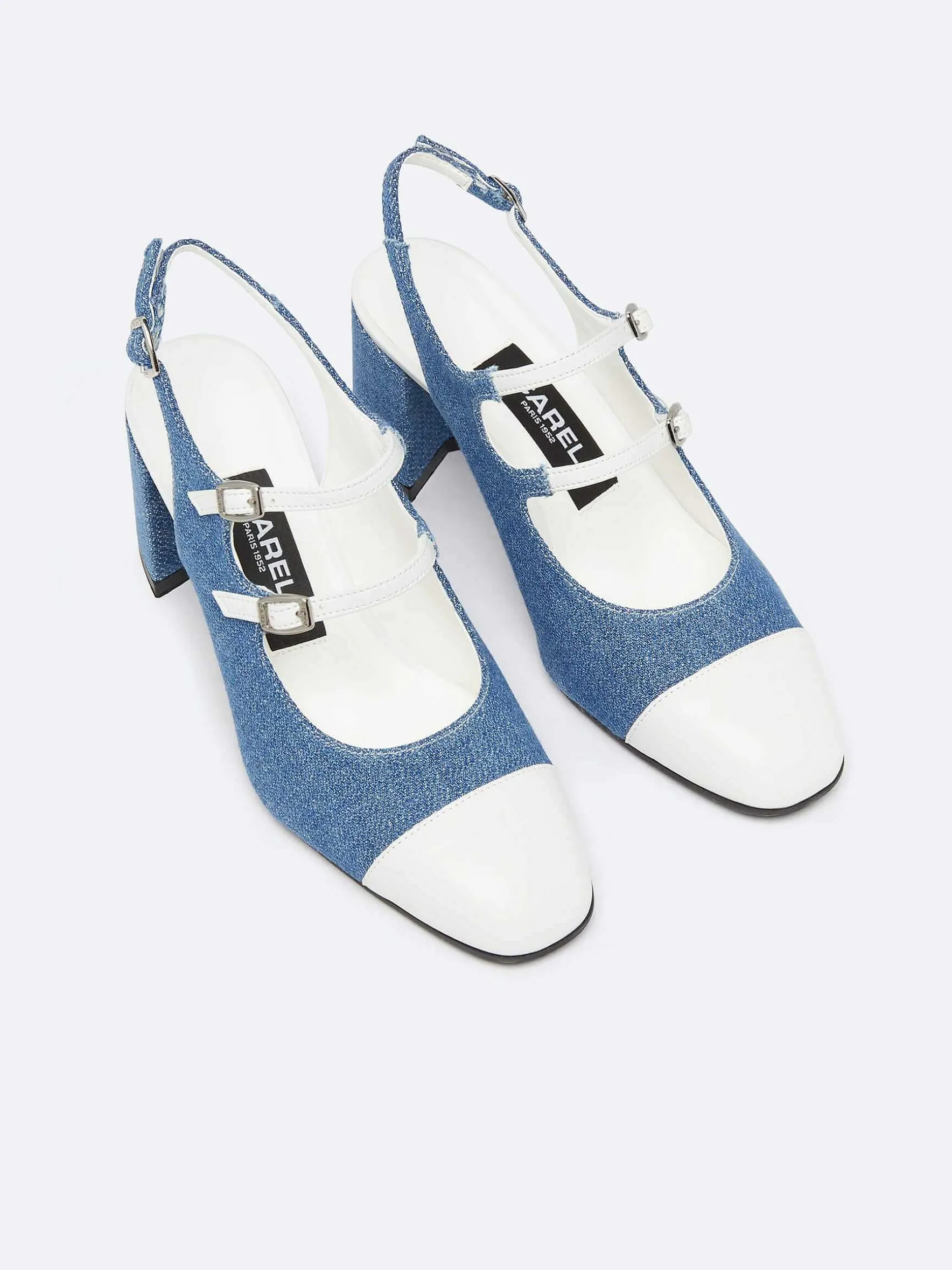 Carel Slingbacks>Blauwe Upcycled Denim En Witte Appleskin Slingback Mary Janes