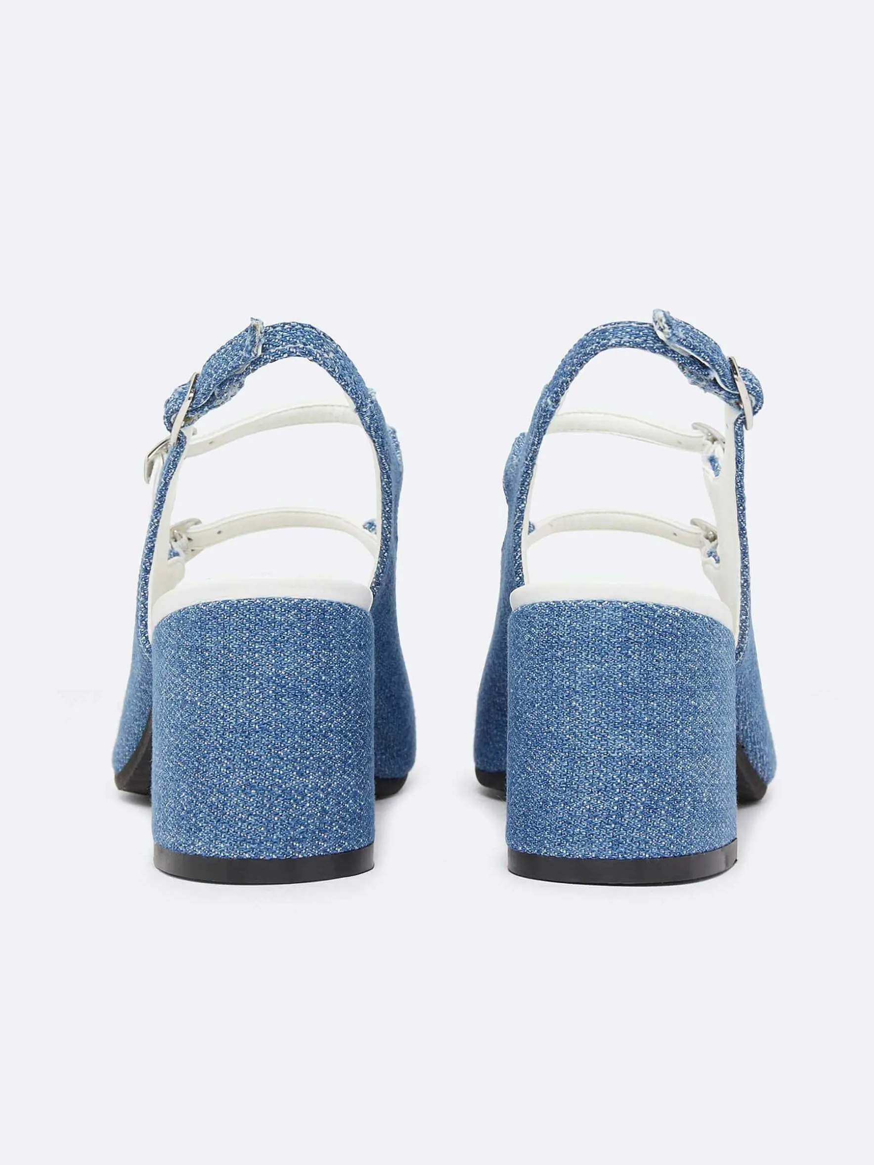 Carel Slingbacks>Blauwe Upcycled Denim En Witte Appleskin Slingback Mary Janes