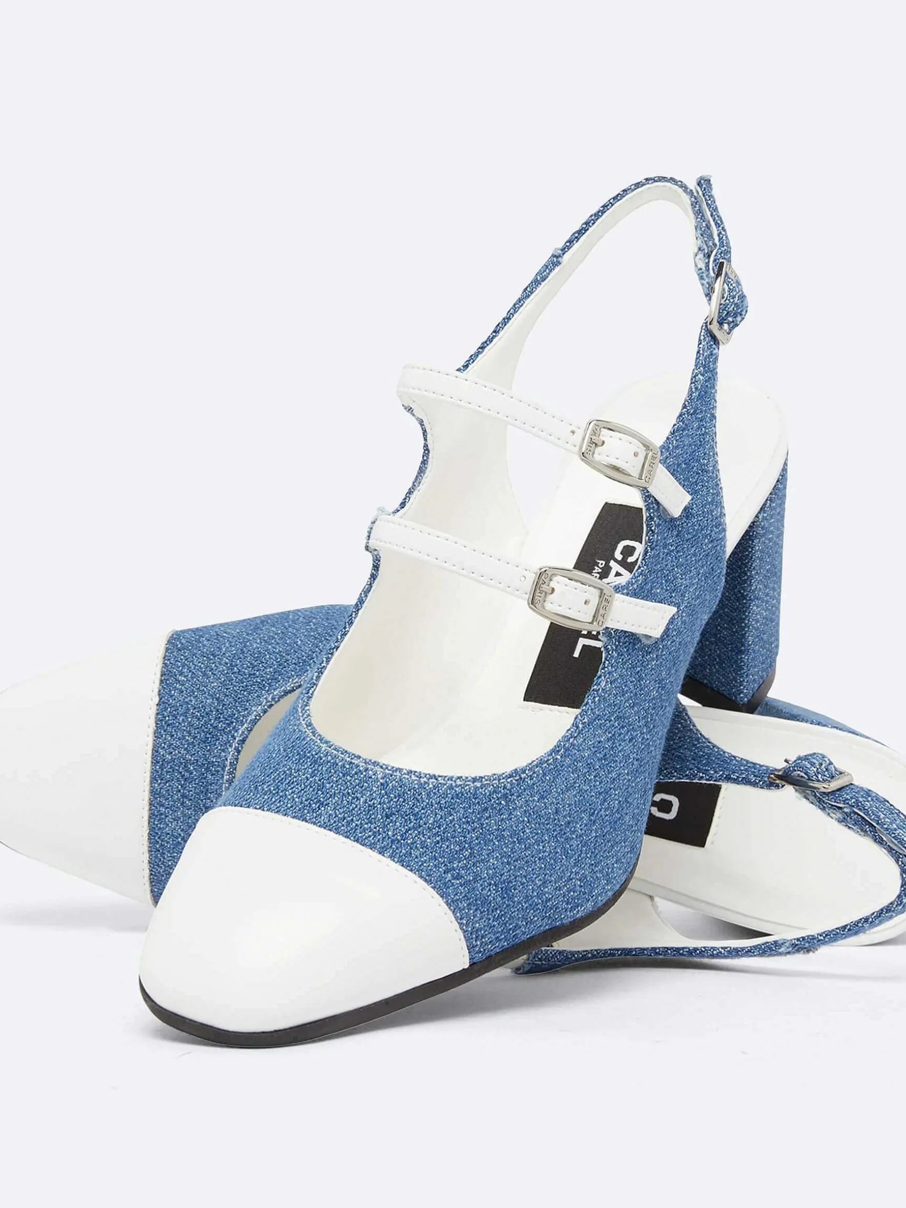 Carel Slingbacks>Blauwe Upcycled Denim En Witte Appleskin Slingback Mary Janes