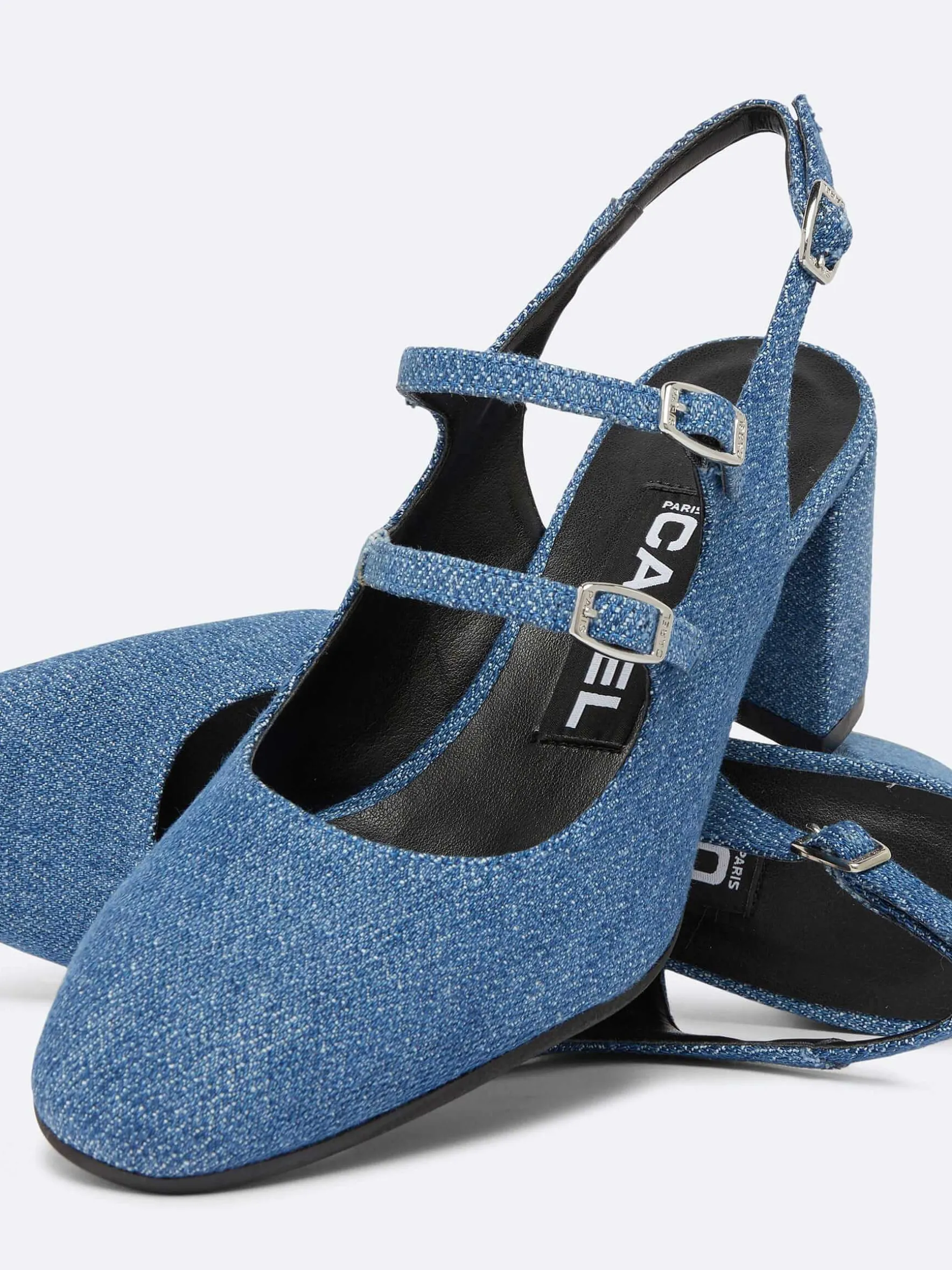 Carel Maria Janes>Blauwe Upcycled Denim Stof Slingback Mary Janes