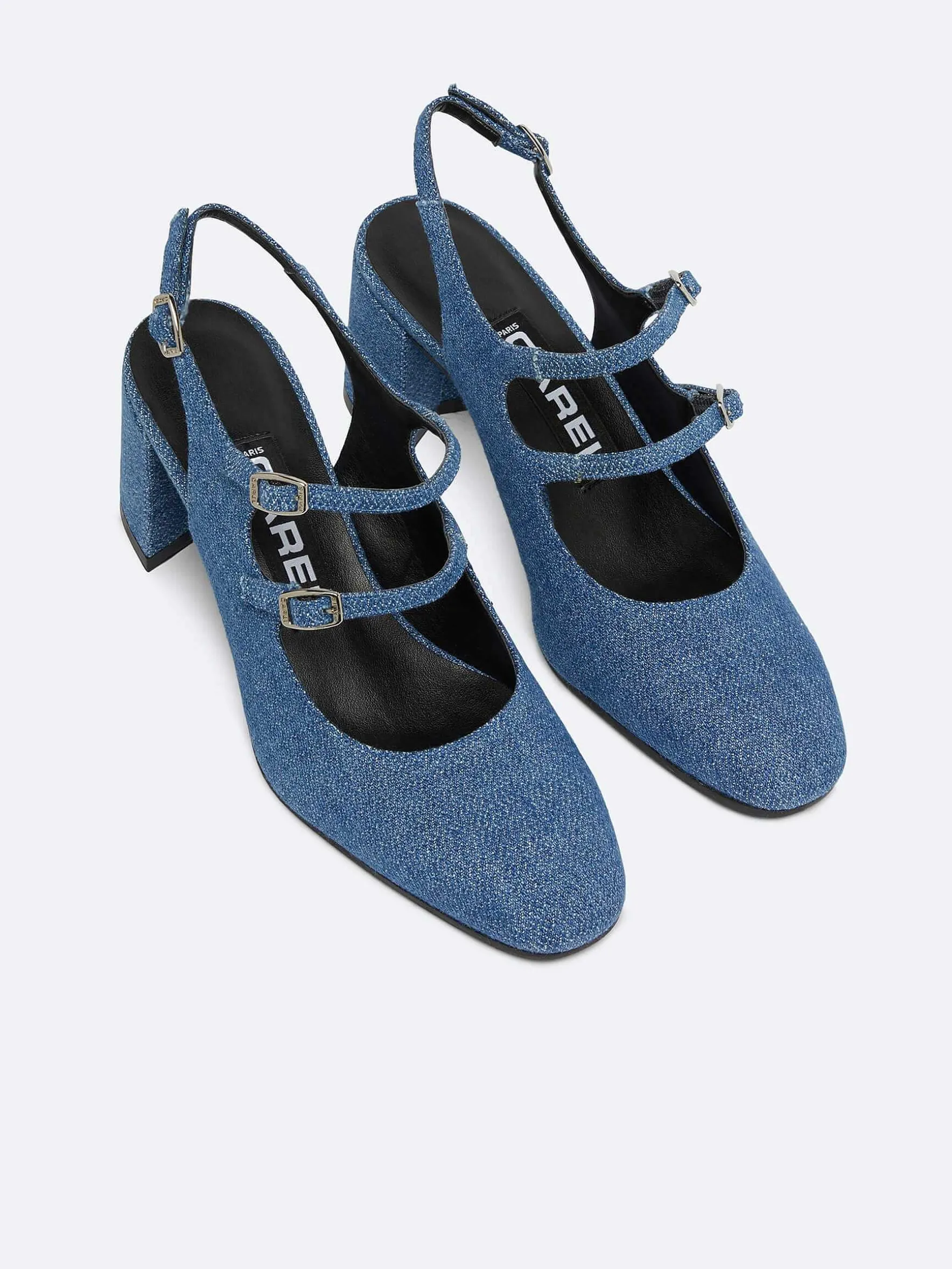 Carel Maria Janes>Blauwe Upcycled Denim Stof Slingback Mary Janes