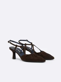 Carel Pompen>Bruine Chocolade Suede Slingback Pumps