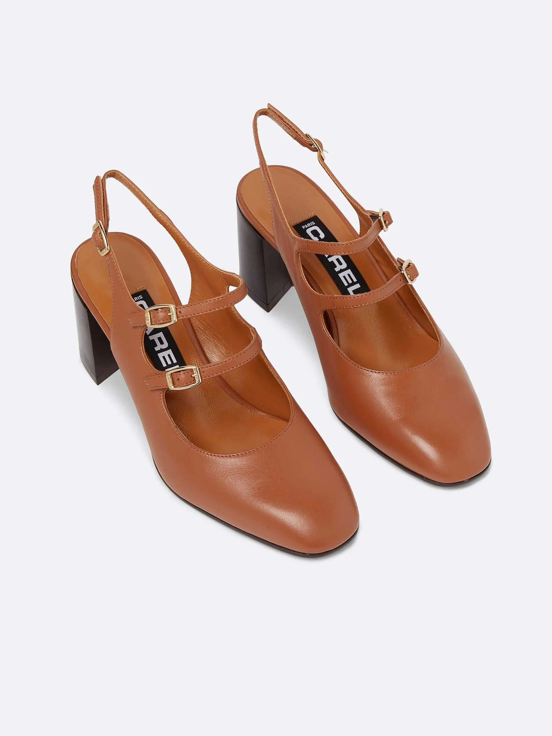 Carel Slingbacks>Camelkleurige Upcycled Lederen Slingback Mary Janes