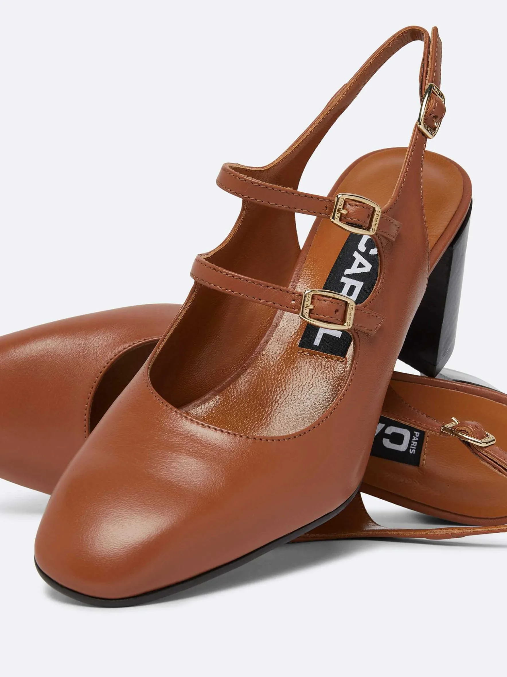 Carel Slingbacks>Camelkleurige Upcycled Lederen Slingback Mary Janes