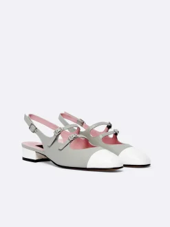 Carel Maria Janes>Grijs Leer En Wit Lakleer Slingback Mary Janes
