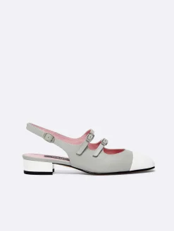 Carel Maria Janes>Grijs Leer En Wit Lakleer Slingback Mary Janes