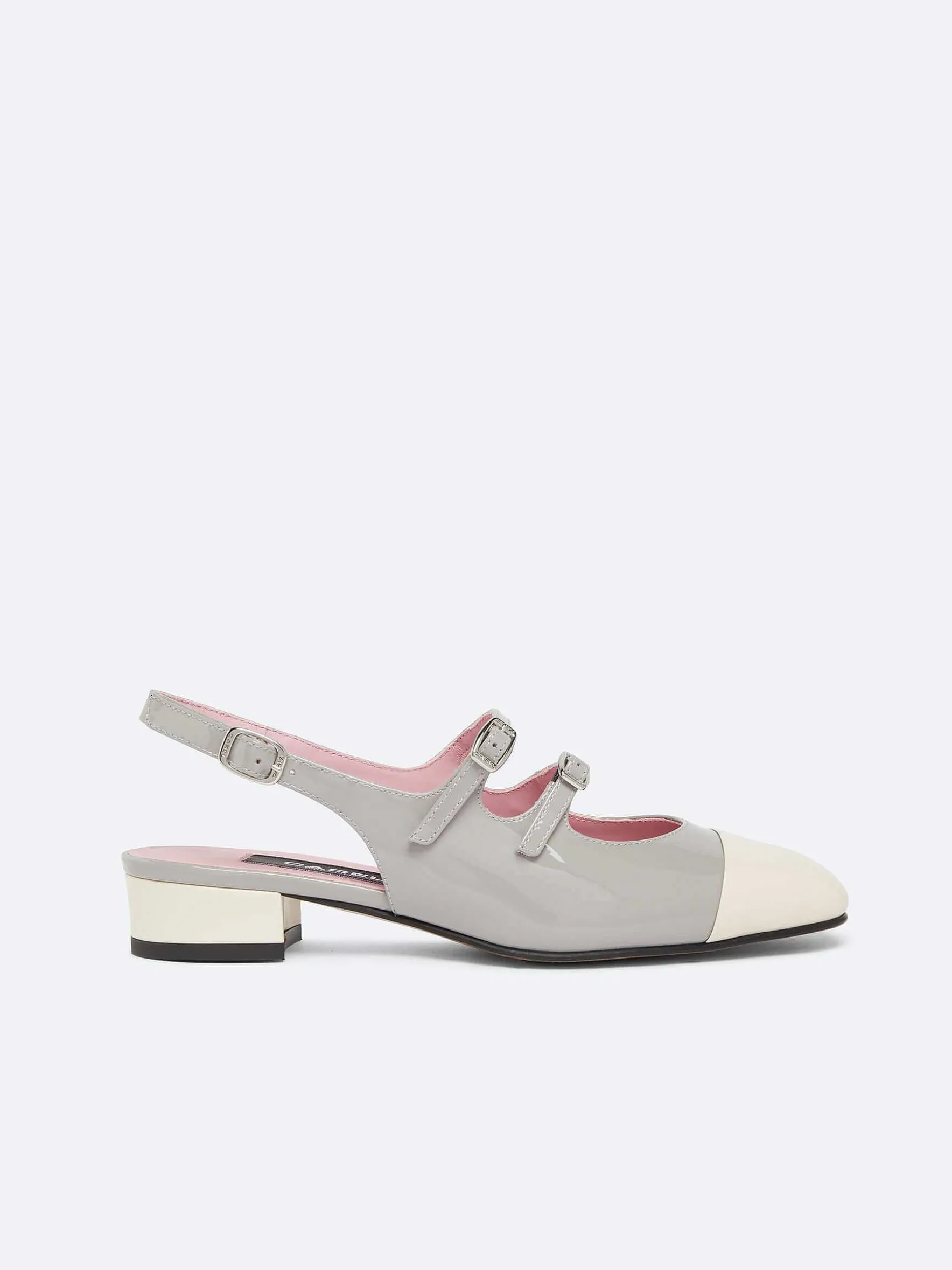 Carel Slingbacks>Grijze En Ivoorkleurige Upcycled Lakleren Slingback Mary Janes
