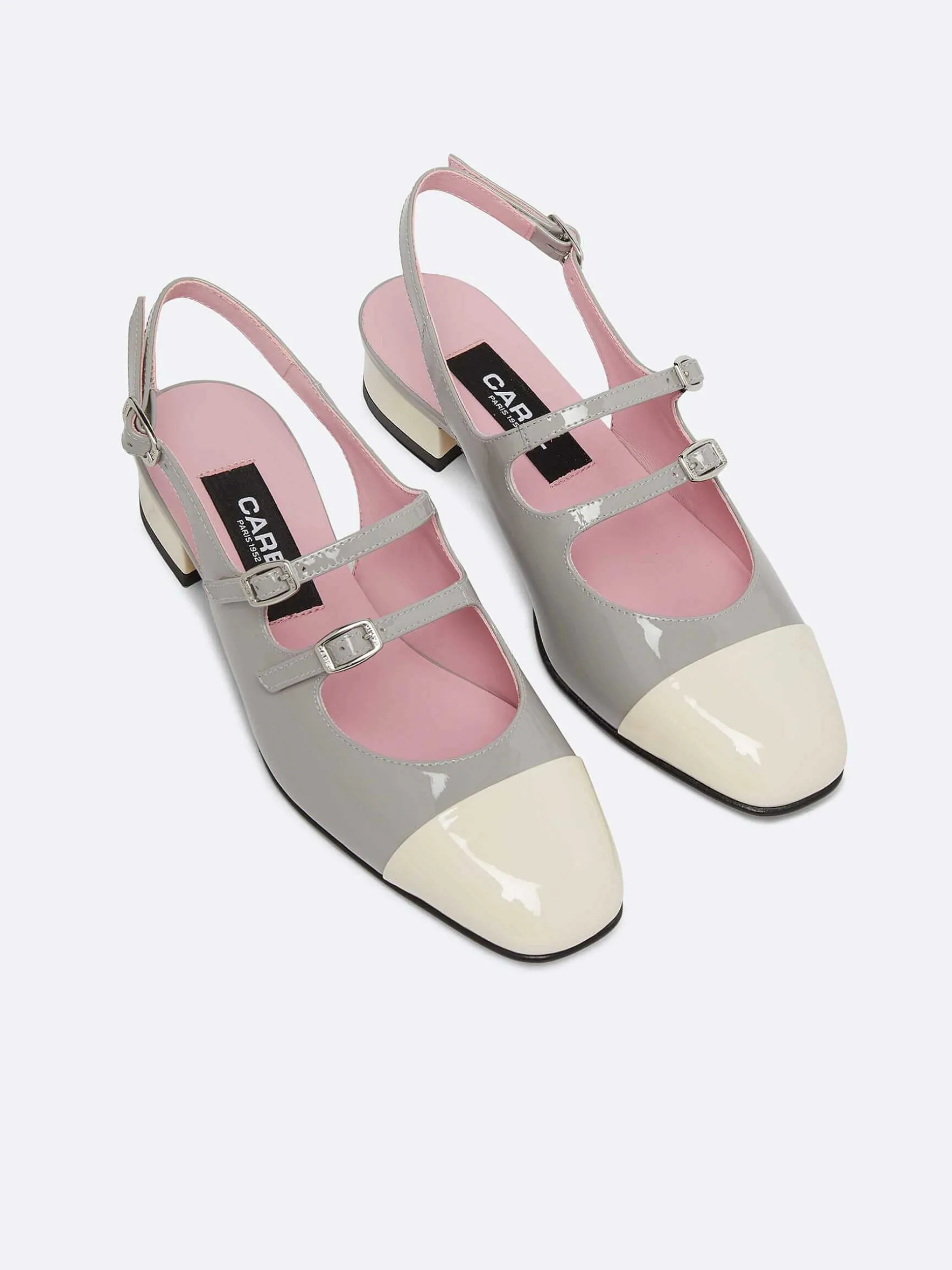 Carel Slingbacks>Grijze En Ivoorkleurige Upcycled Lakleren Slingback Mary Janes