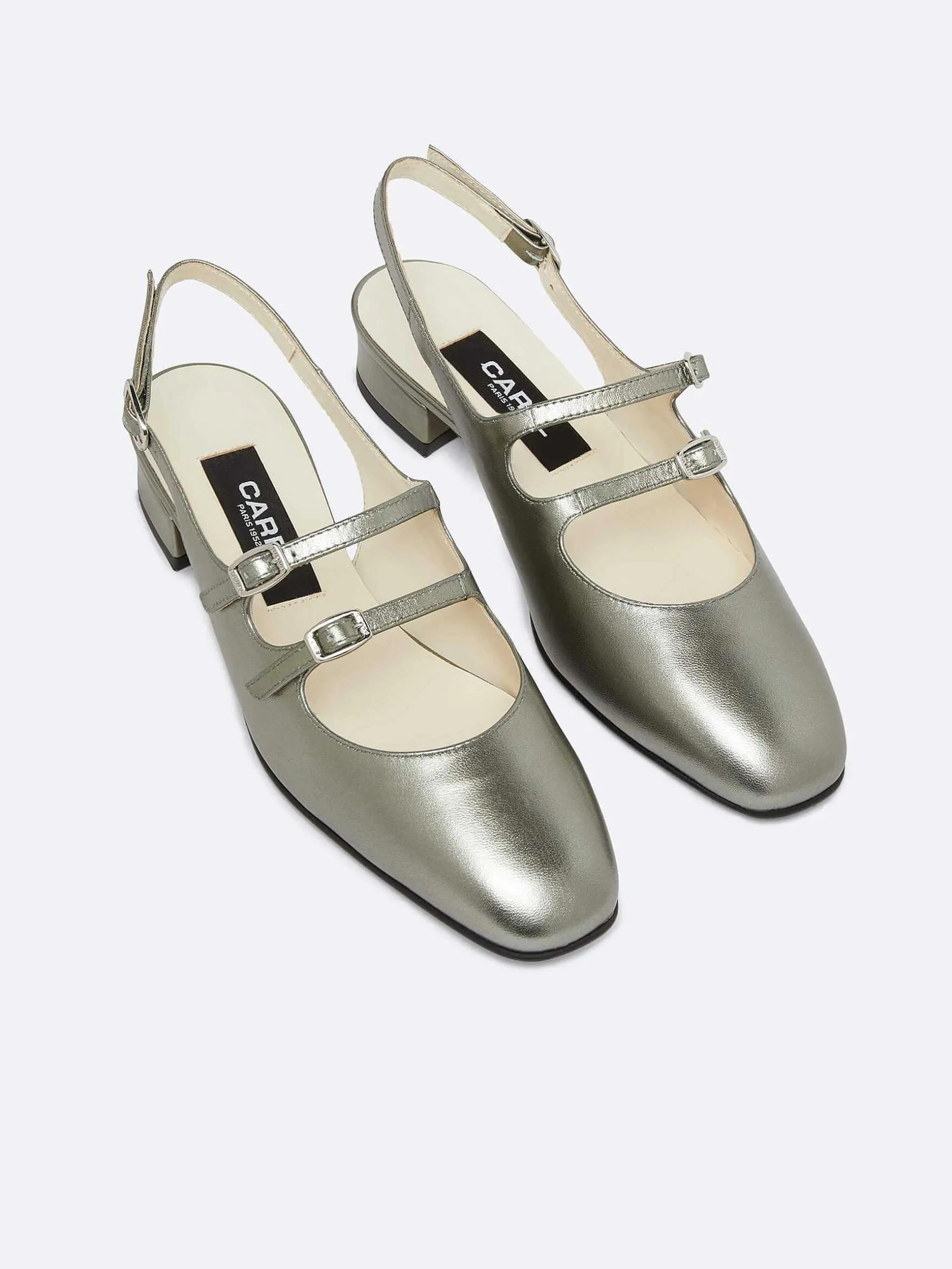 Carel Slingbacks>Grijze Upcycled Gelamineerde Leren Slingback Mary Janes