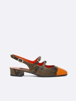 Carel Slingbacks>Groen Gerecycled Leer Met Pythonprint En Oranje Leren Mary Janes Met Slingback