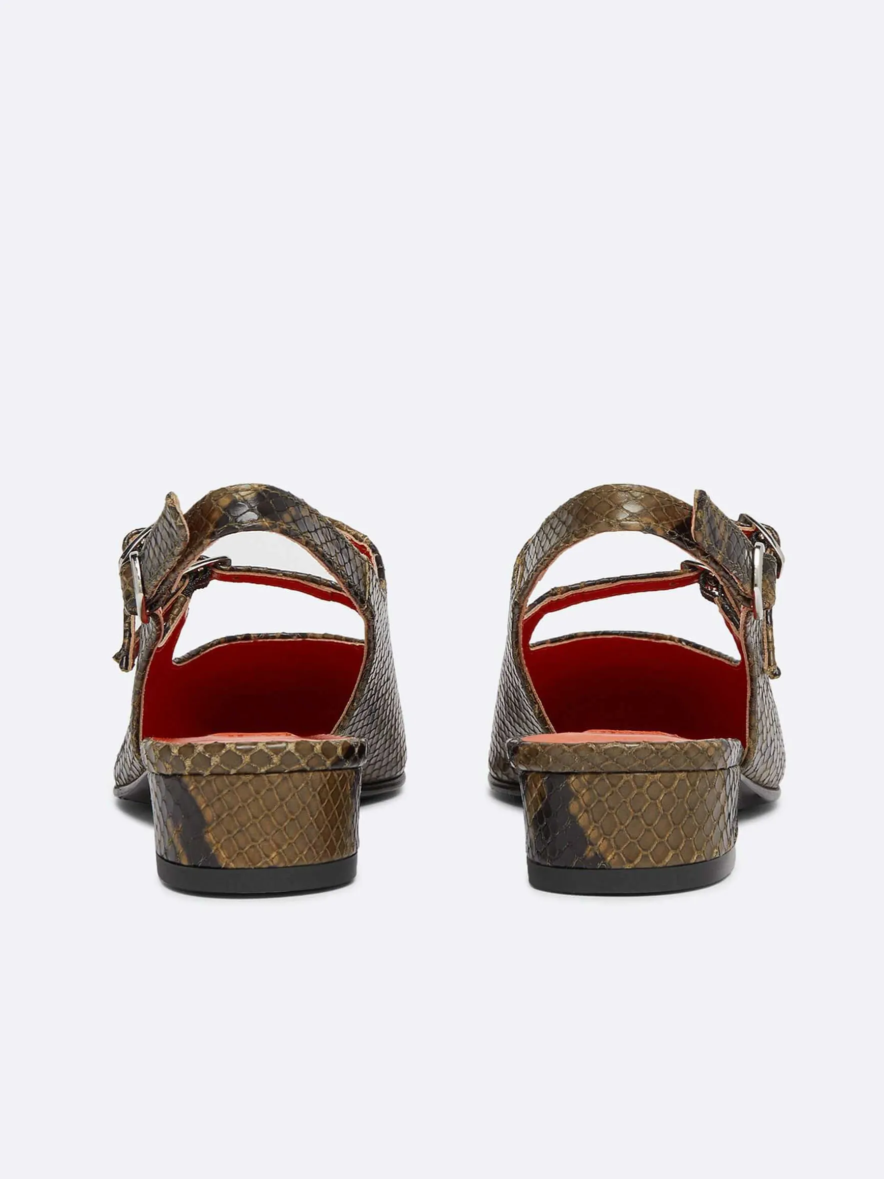 Carel Slingbacks>Groen Gerecycled Leer Met Pythonprint En Oranje Leren Mary Janes Met Slingback