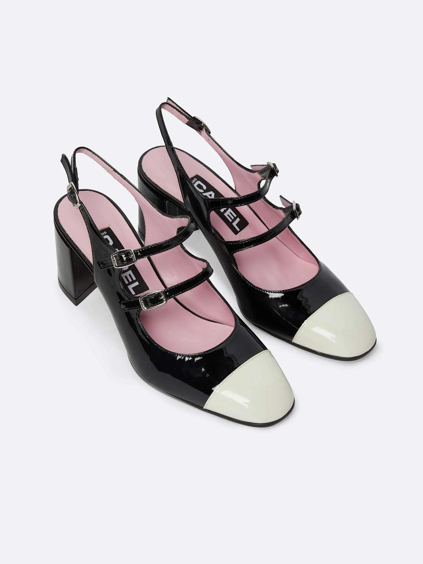 Carel Slingbacks>Ivoor En Zwart Lakleer Slingback Mary Janes