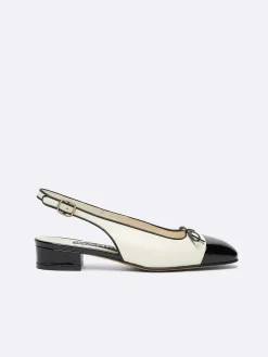 Carel Ballerina'S>Ivoorkleurige Leren En Zwarte Lakleren Slingback Ballerina'S