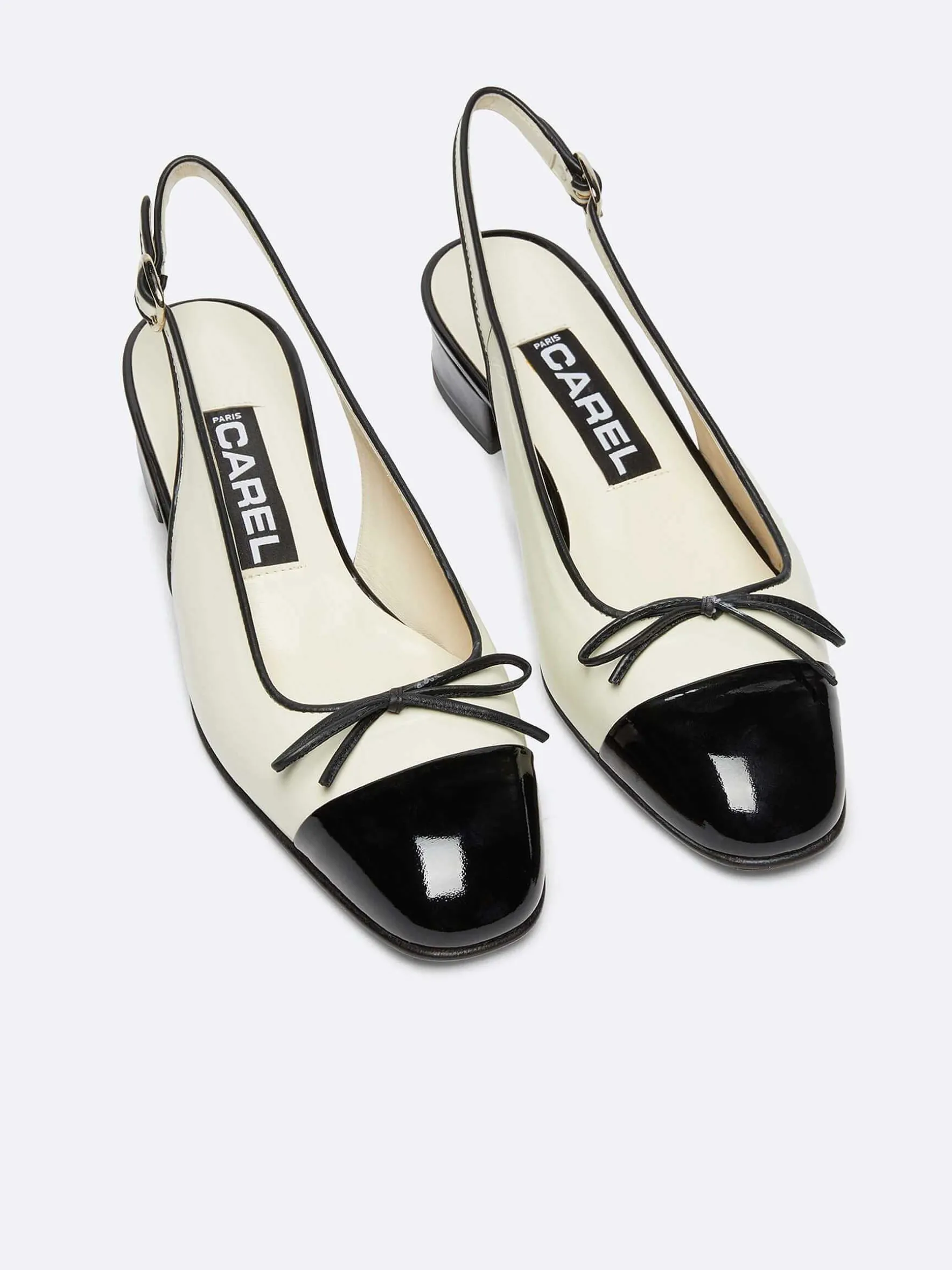 Carel Ballerina'S>Ivoorkleurige Leren En Zwarte Lakleren Slingback Ballerina'S