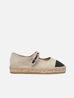 Carel Espadrilles>Natuurlijk En Zwart Linnen Mary Janes Espadrilles