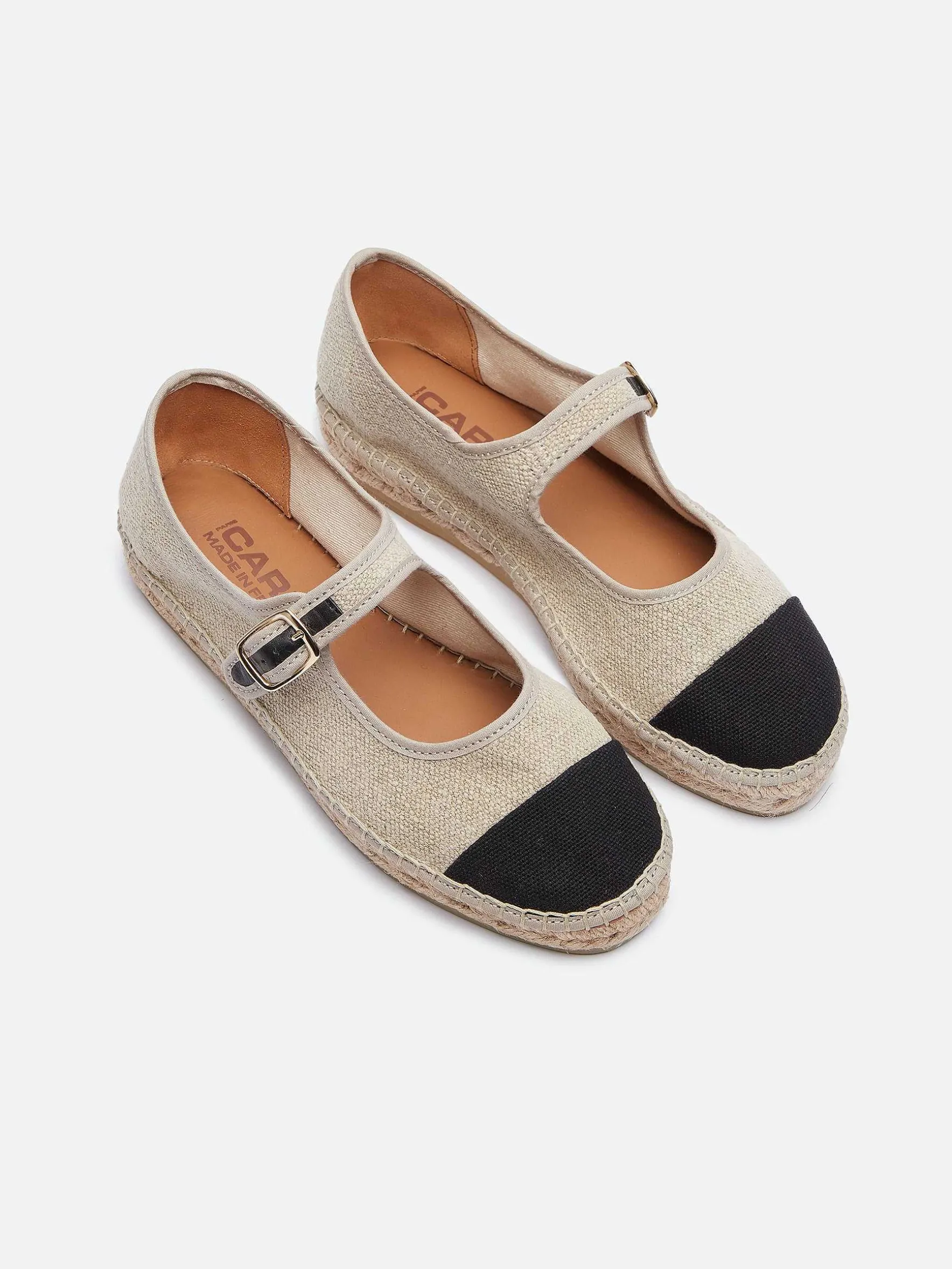 Carel Espadrilles>Natuurlijk En Zwart Linnen Mary Janes Espadrilles