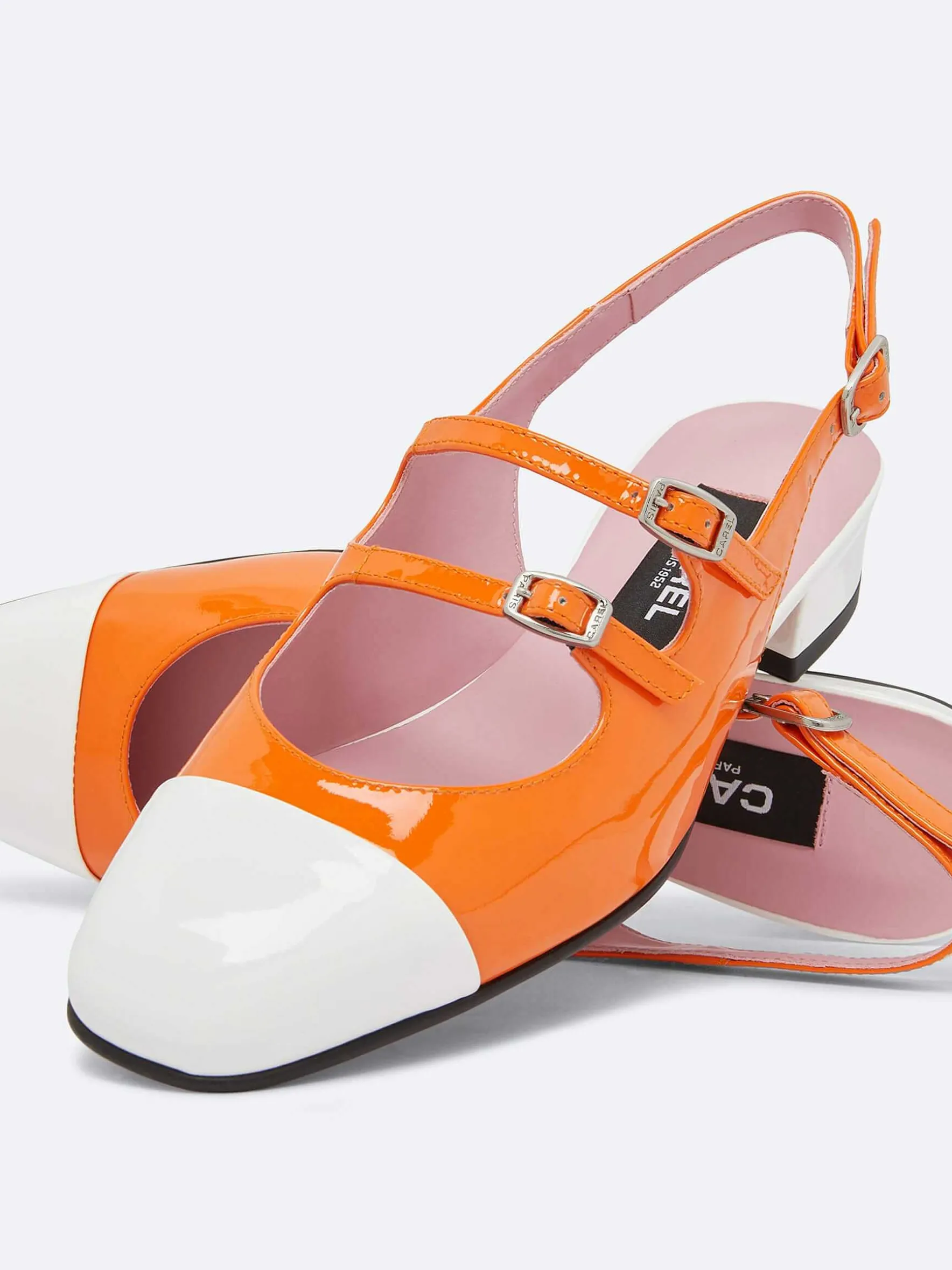 Carel Slingbacks>Oranje En Wit Lakleer Slingback Mary Janes