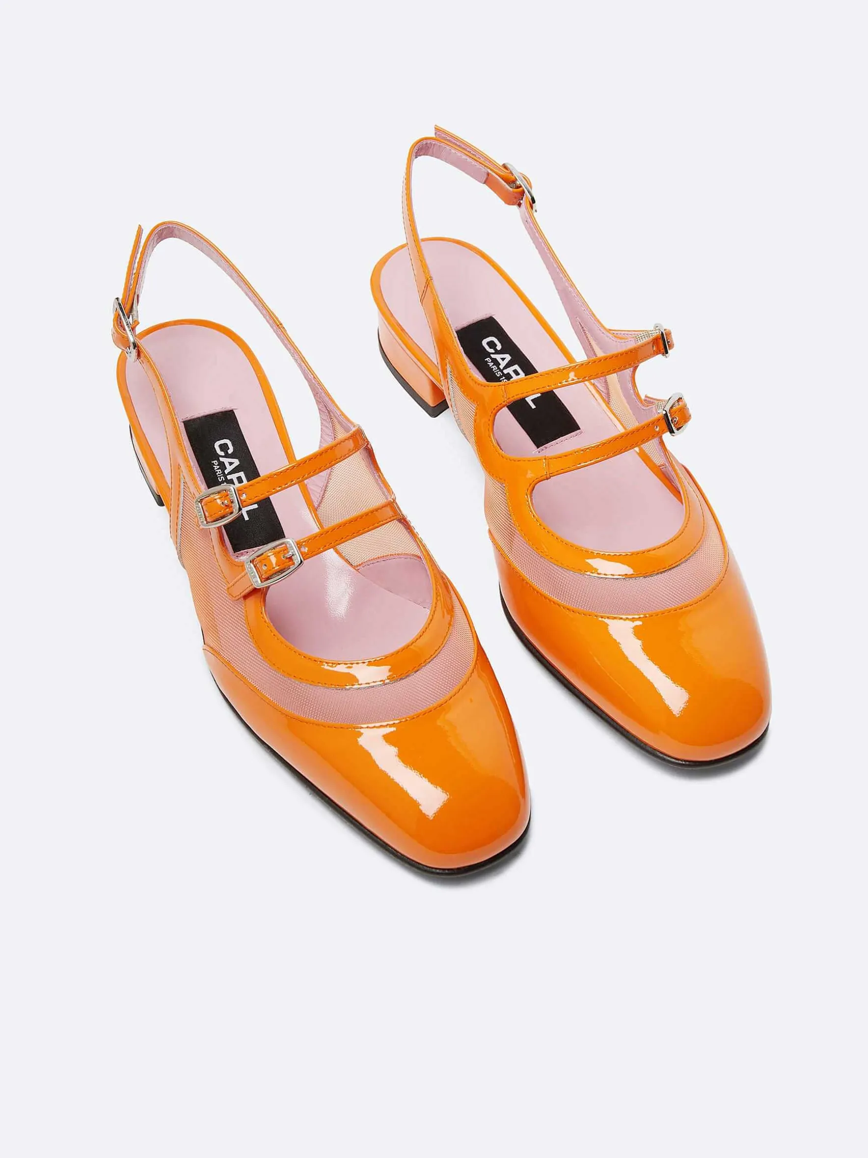 Carel Maria Janes>Oranje Mesh En Lakleren Slingback Mary Janes