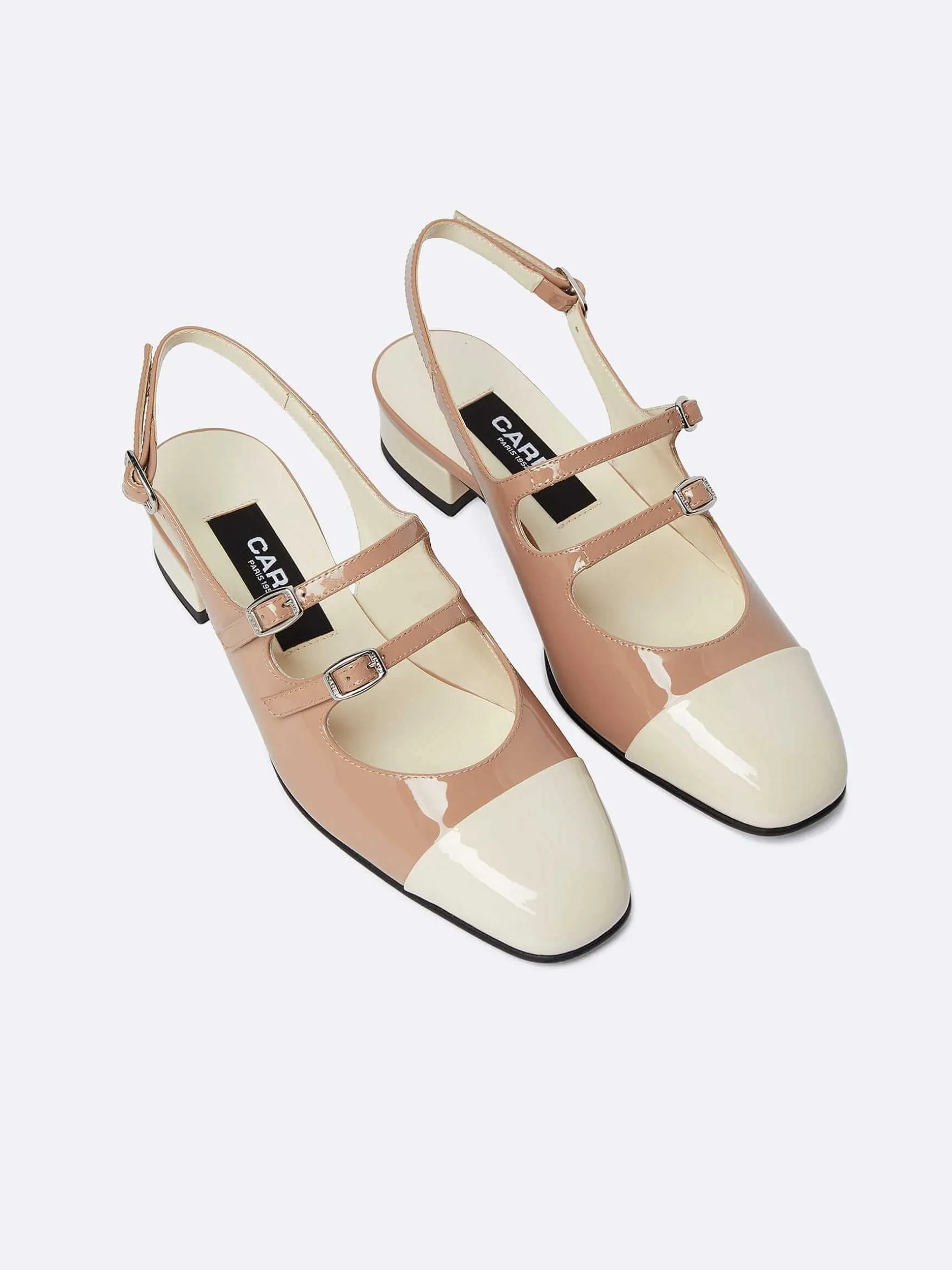 Carel Slingbacks>Taupe En Ivoor Upcycled Lakleer Slingback Mary Janes