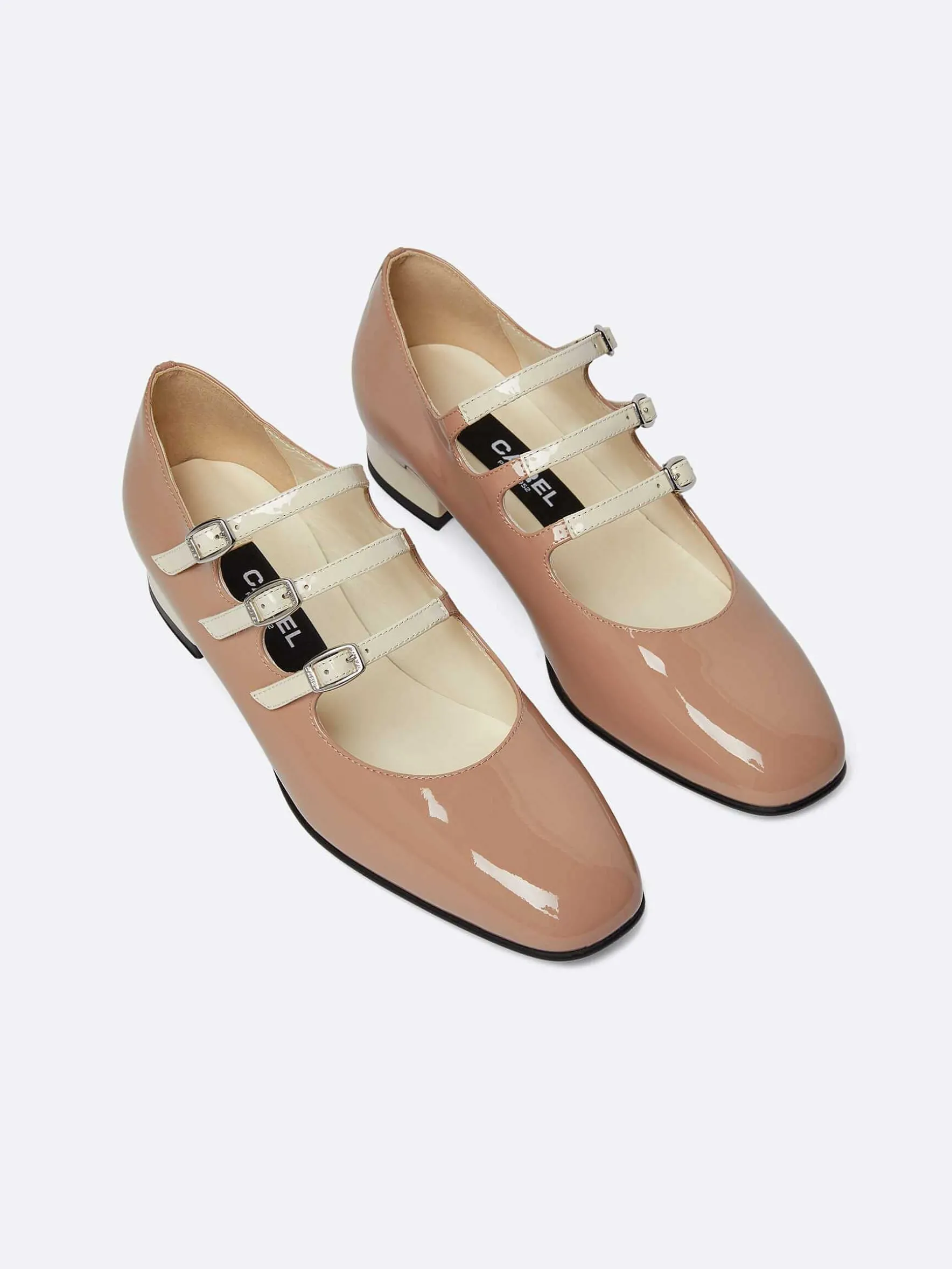 Carel Ballerina'S>Taupe En Ivoor Upcycled Lakleer Mary Janes Ballerina'S