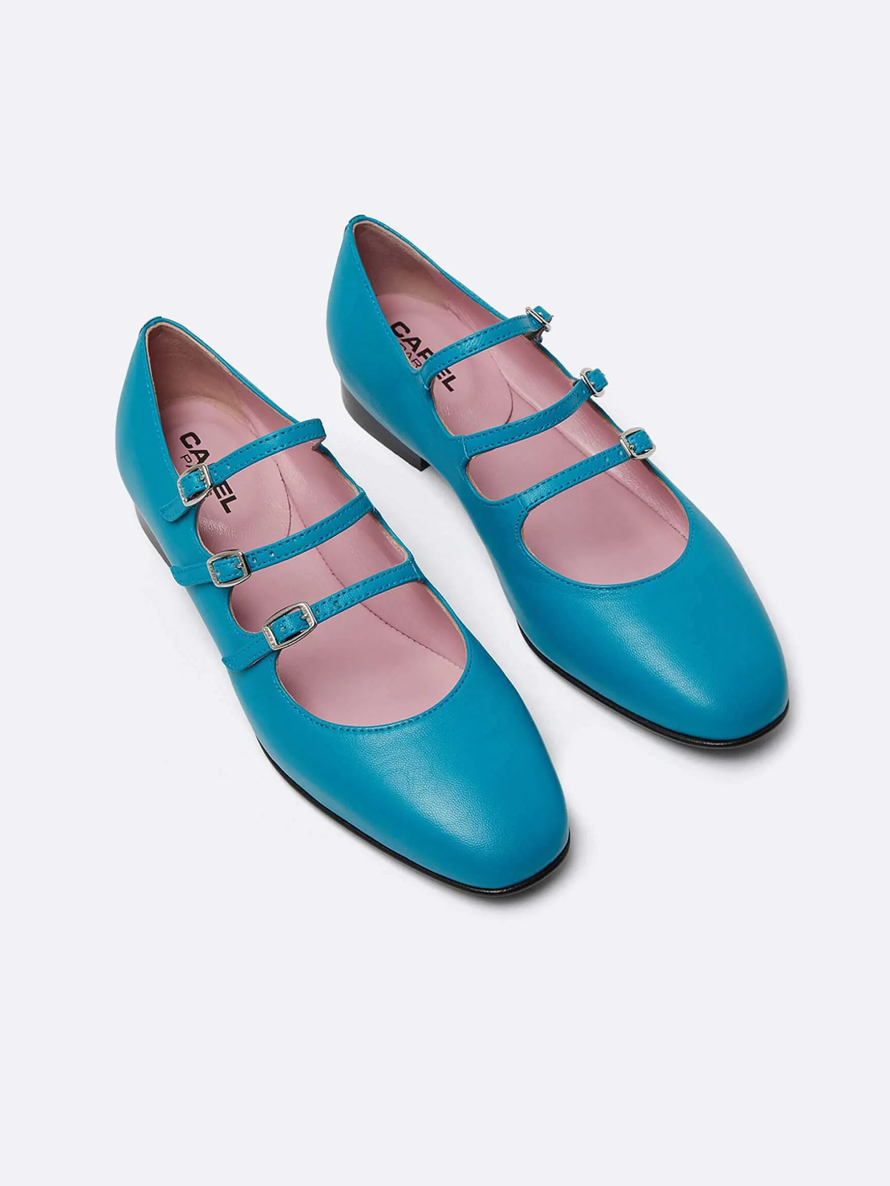 Carel Ballerina'S>Turkoois Blauw Upcycled Leer Mary Janes Ballet Flats
