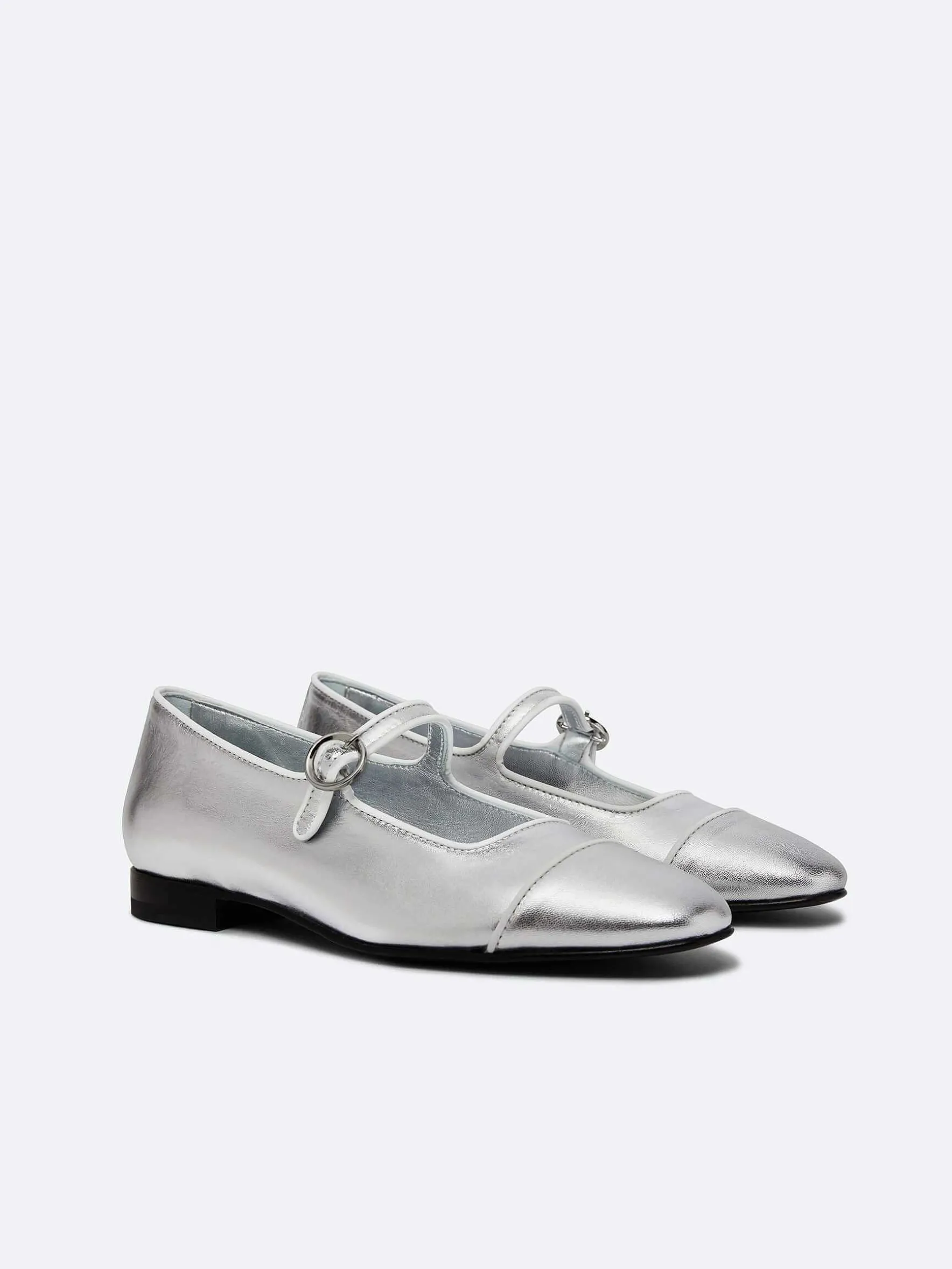 Carel Ballerina'S>Zilveren En Witte Leren Mary Janes Met Biezen