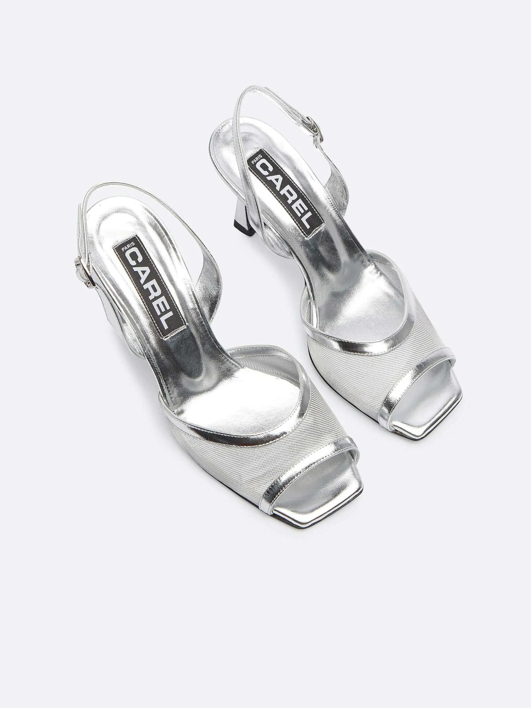 Carel Sandalen En Muilezels>Zilveren Gelamineerde Leren En Mesh Sandalen