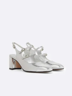 Carel Slingbacks>Zilveren Lederen Slingback Mary Janes Met Relief