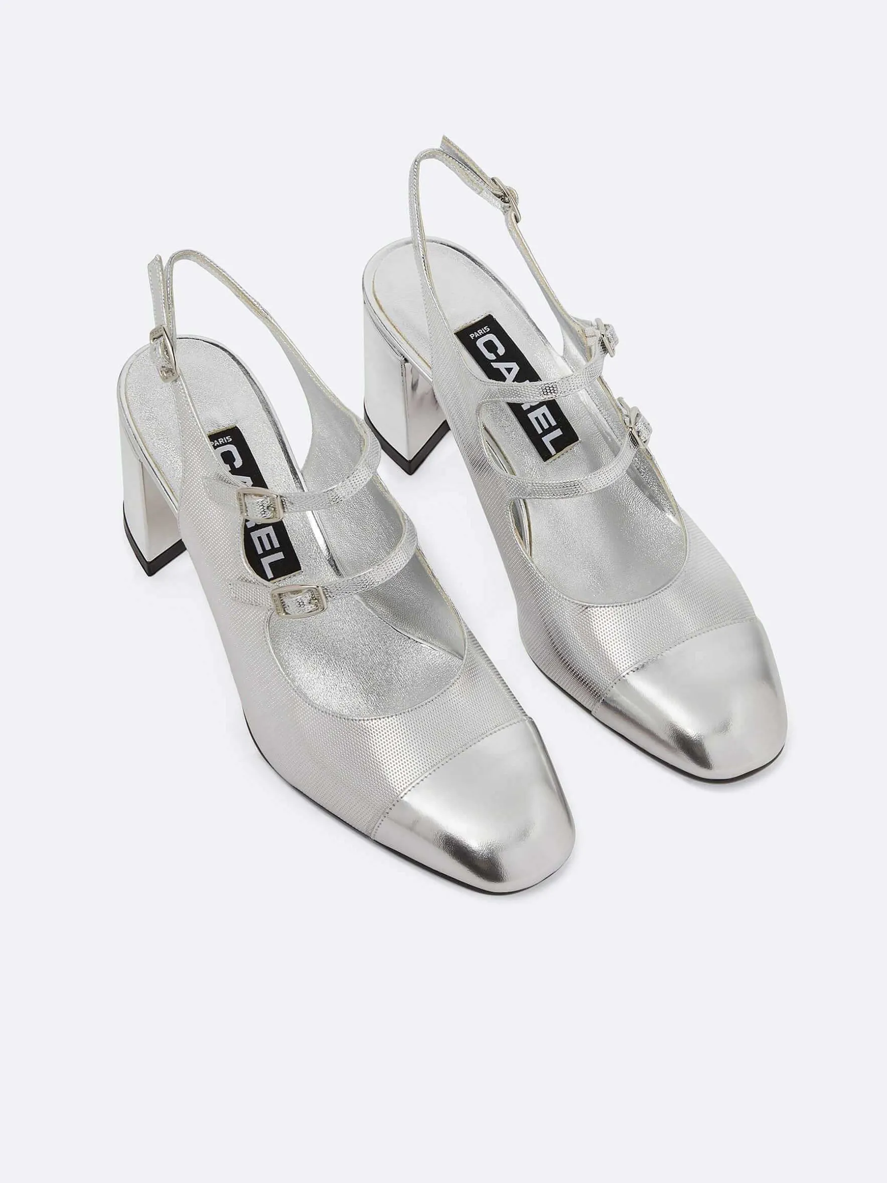 Carel Slingbacks>Zilveren Lederen Slingback Mary Janes Met Relief