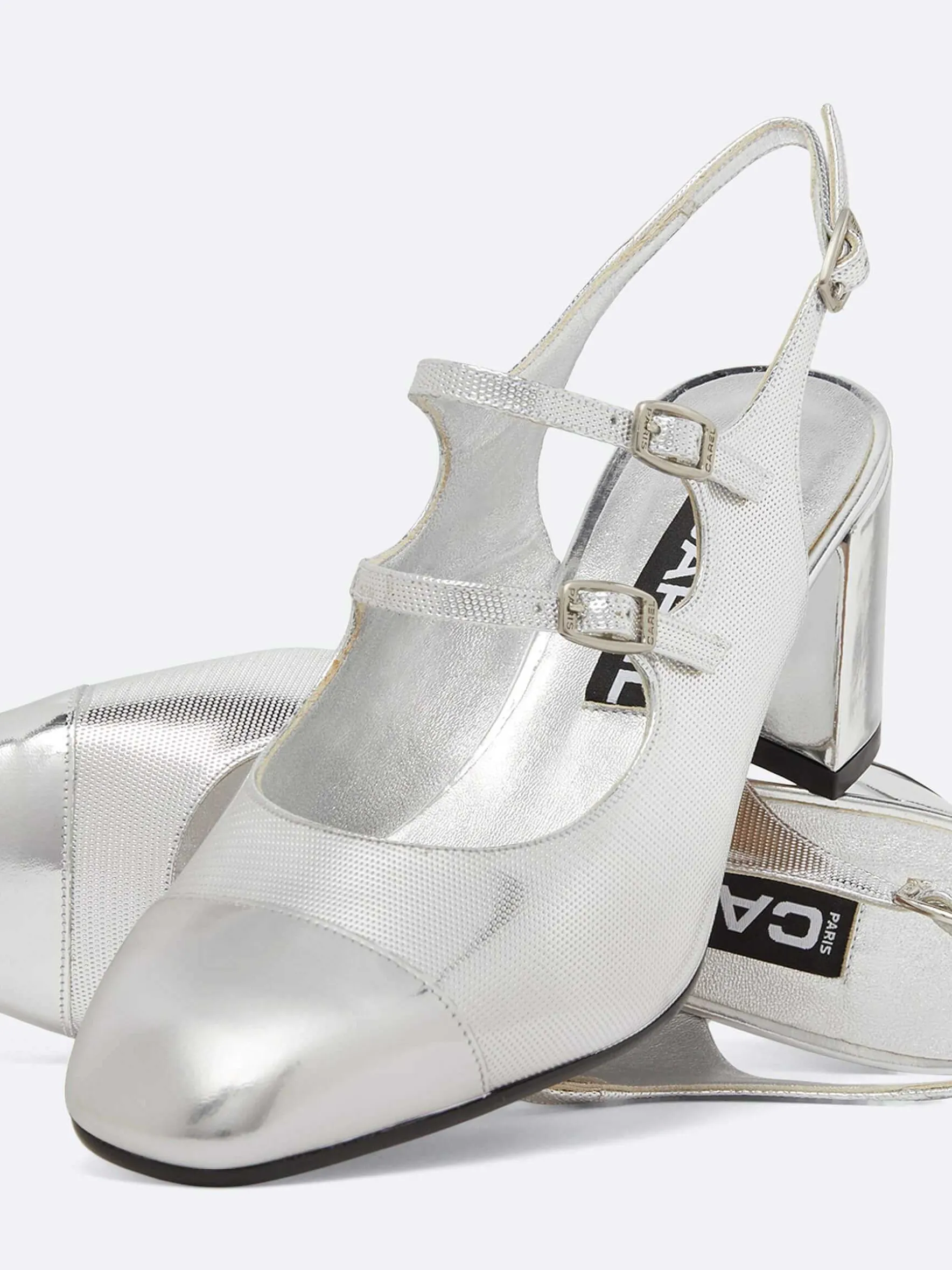 Carel Slingbacks>Zilveren Lederen Slingback Mary Janes Met Relief