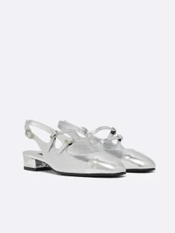 Carel Slingbacks>Zilveren Lederen Slingback Mary Janes Met Relief