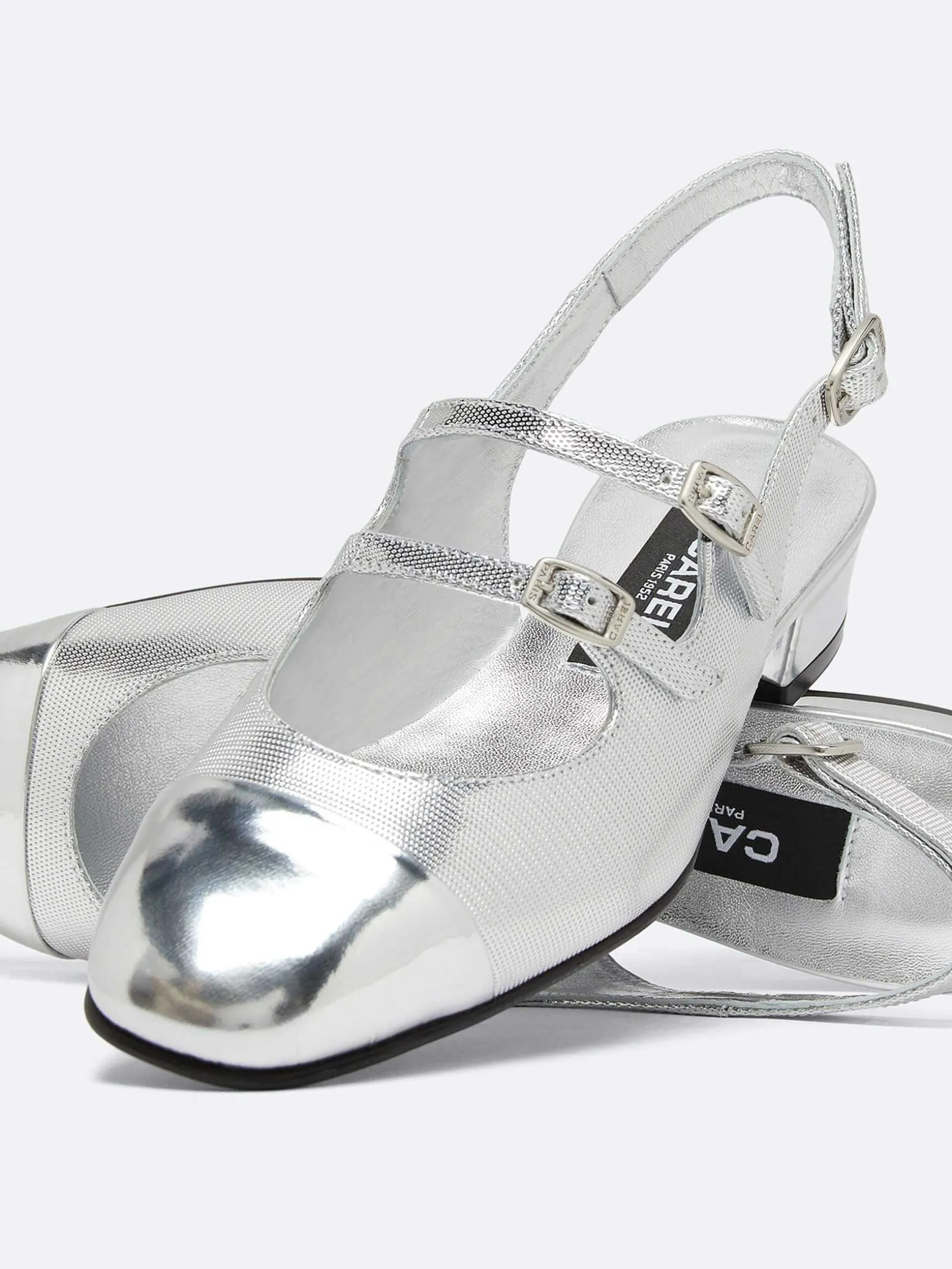Carel Slingbacks>Zilveren Lederen Slingback Mary Janes Met Relief