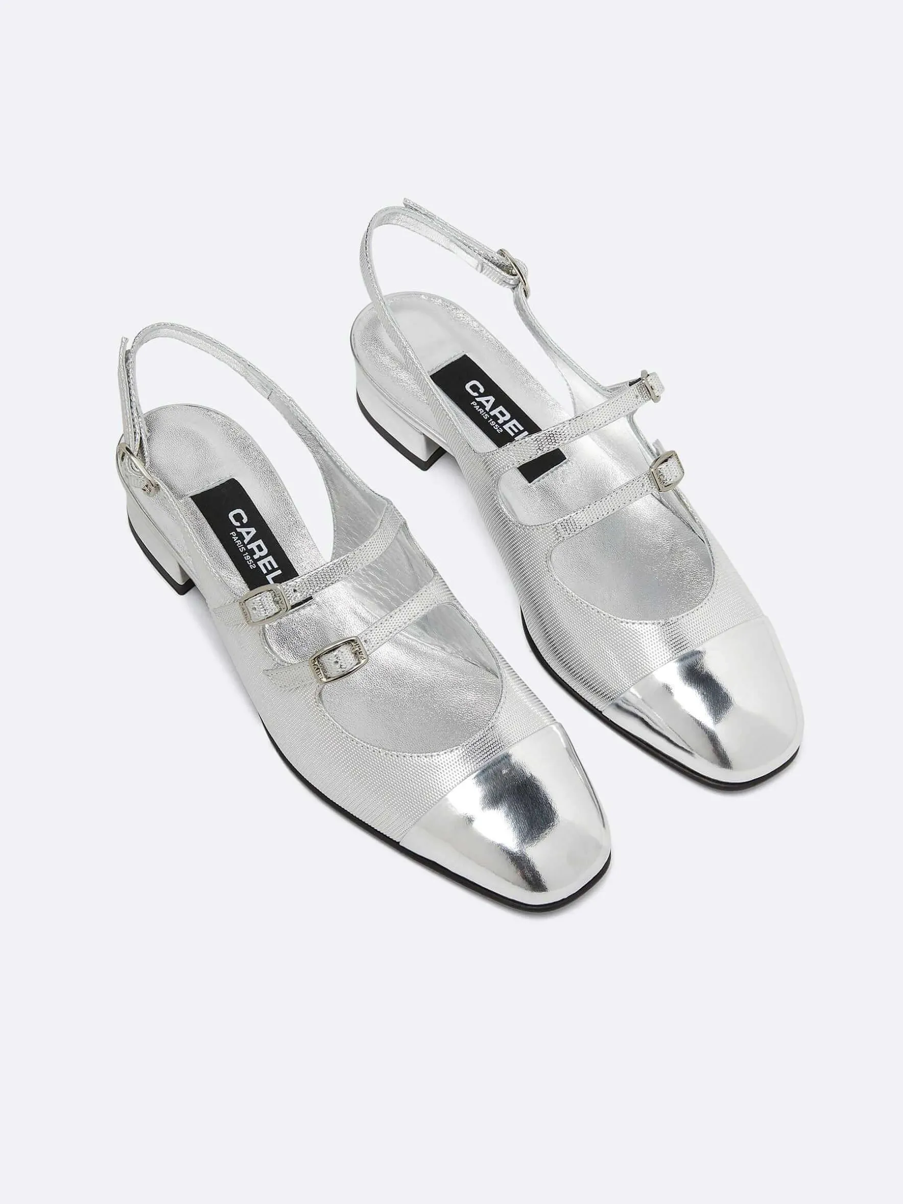 Carel Slingbacks>Zilveren Lederen Slingback Mary Janes Met Relief