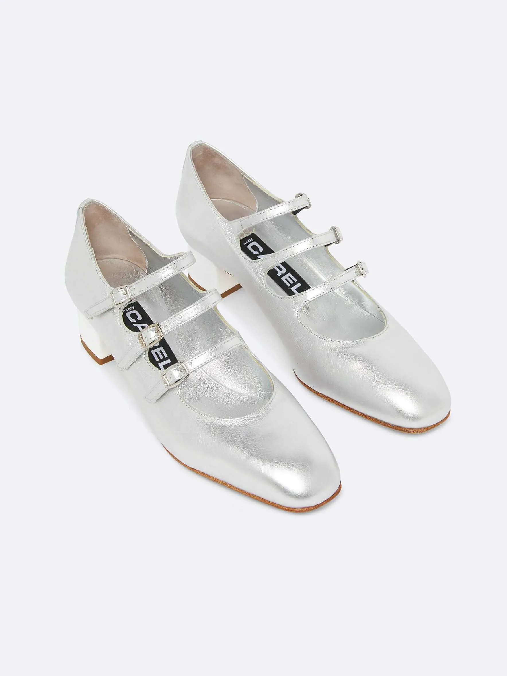 Carel Maria Janes>Zilveren Leren En Witte Lakleren Mary Janes-Pumps Met Hak