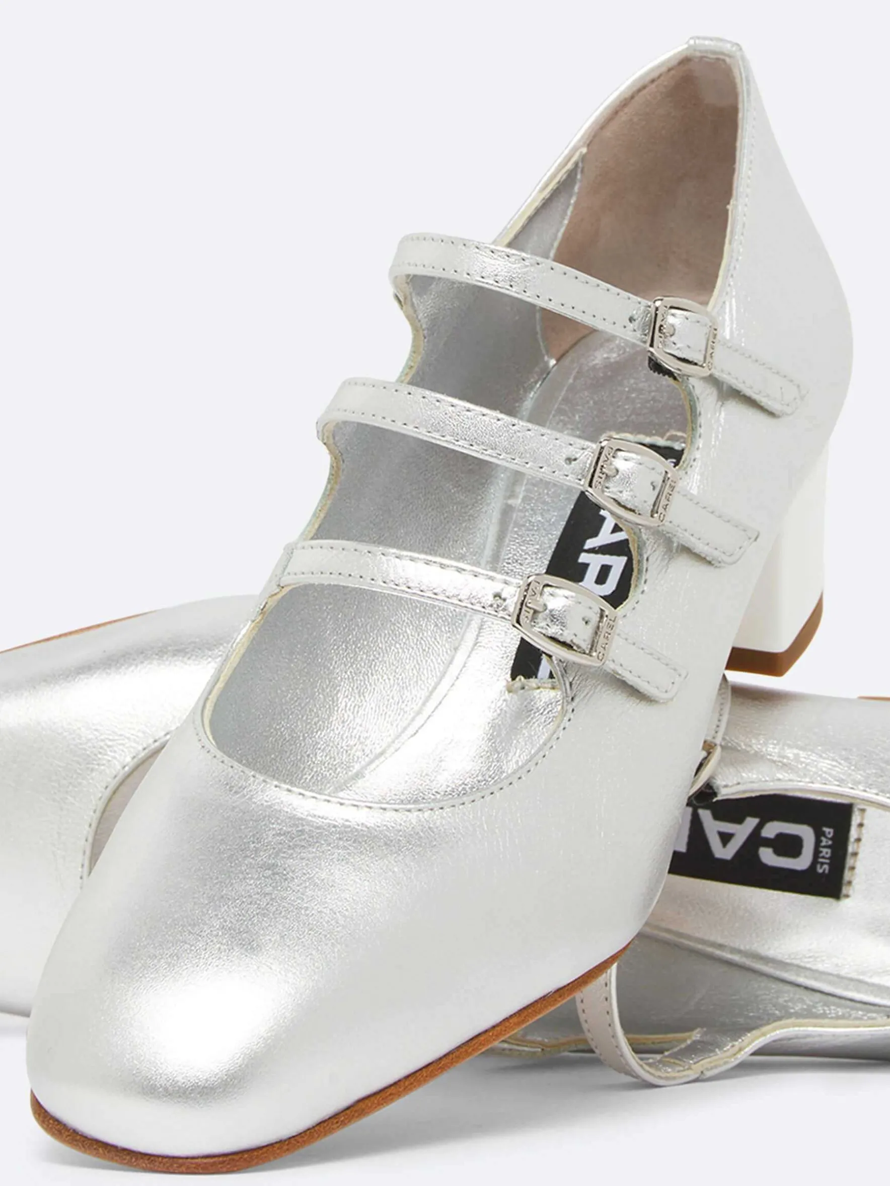 Carel Maria Janes>Zilveren Leren En Witte Lakleren Mary Janes-Pumps Met Hak